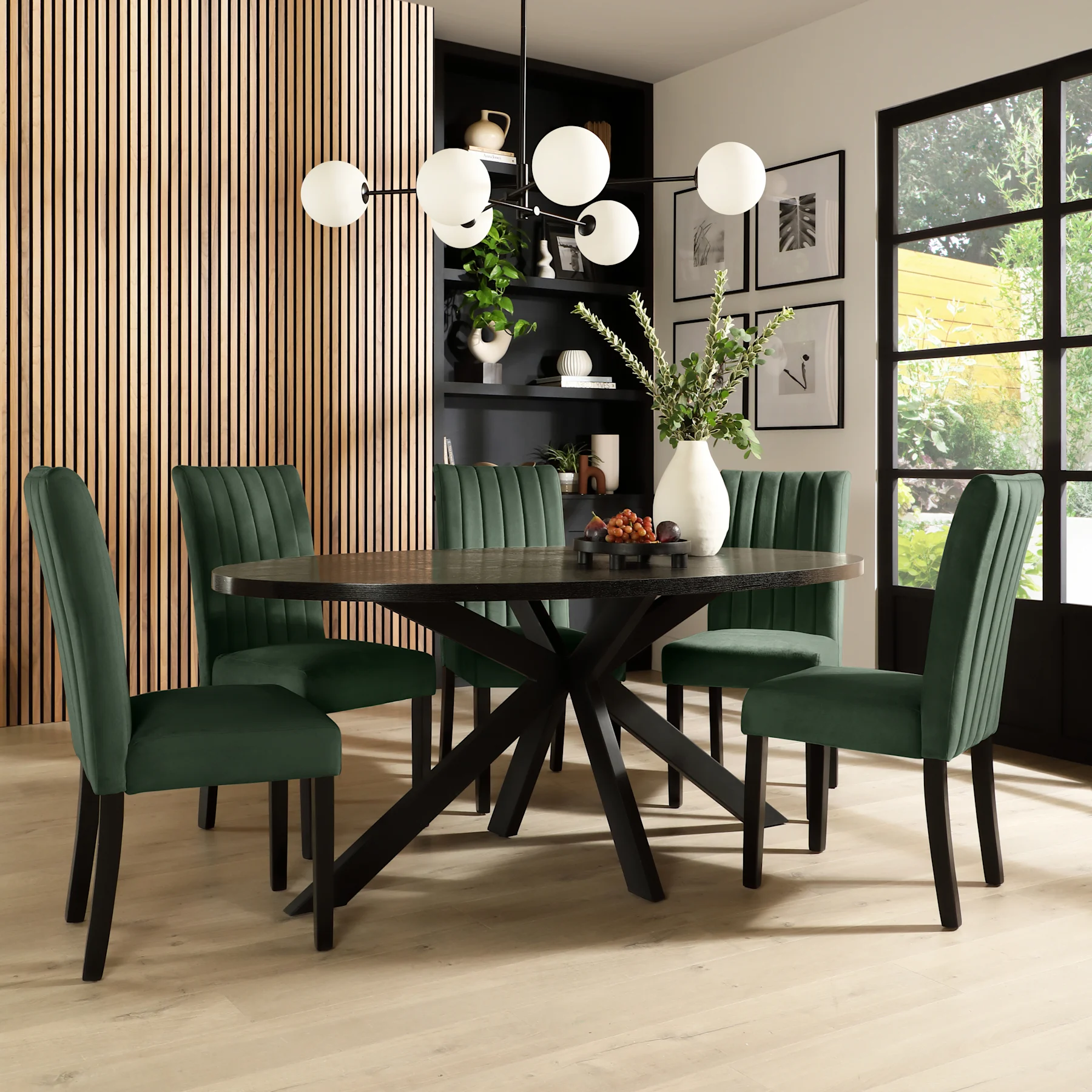 Madison Oval Dining Table & 4 Salisbury Chairs, Black Oak Effect & Black Steel, Moss Green Classic Velvet & Black Solid Hardwood, 180cm