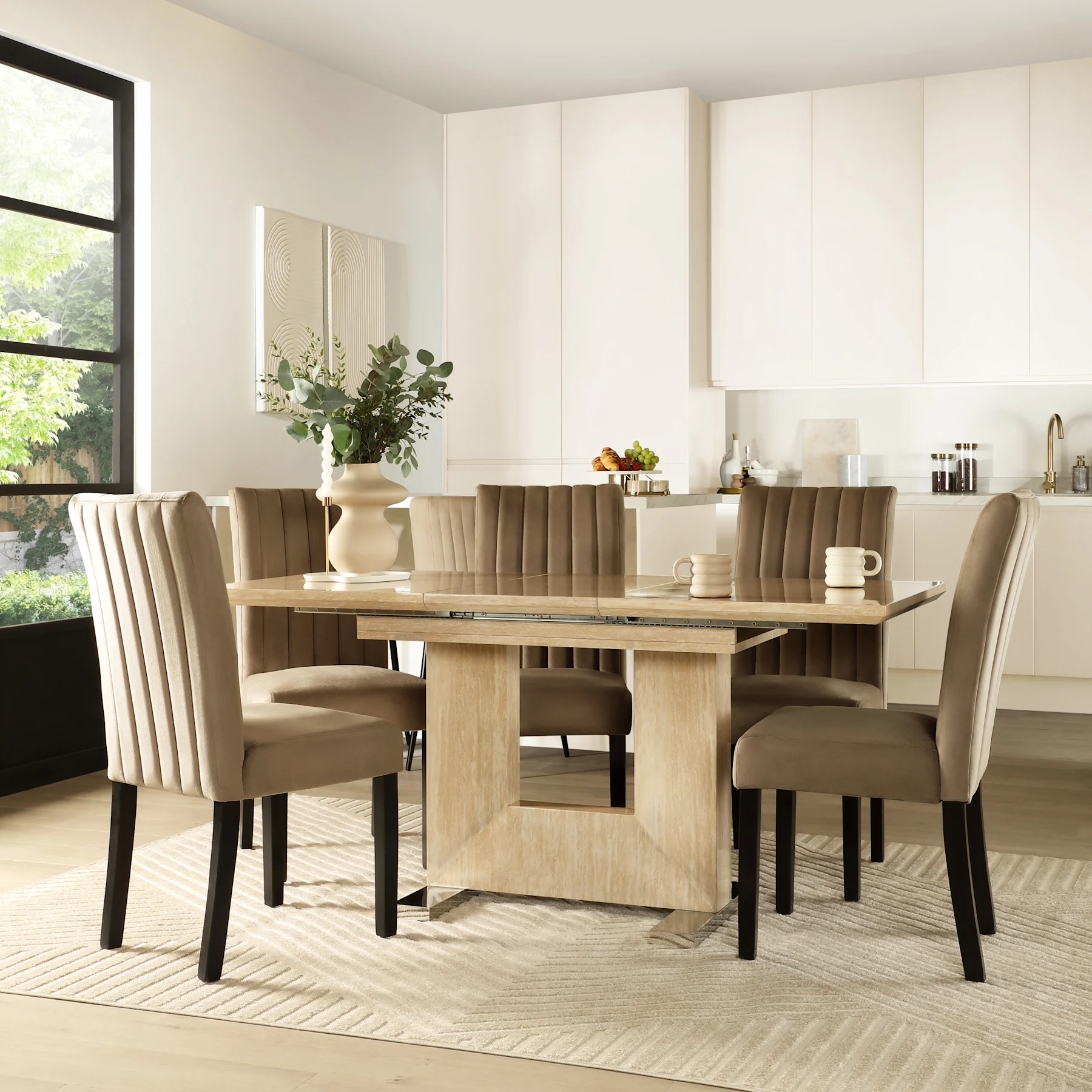 Florence Extending Dining Table & 6 Salisbury Chairs, Travertine Stone Effect, Beige Classic Velvet & Black Solid Hardwood, 120-160cm