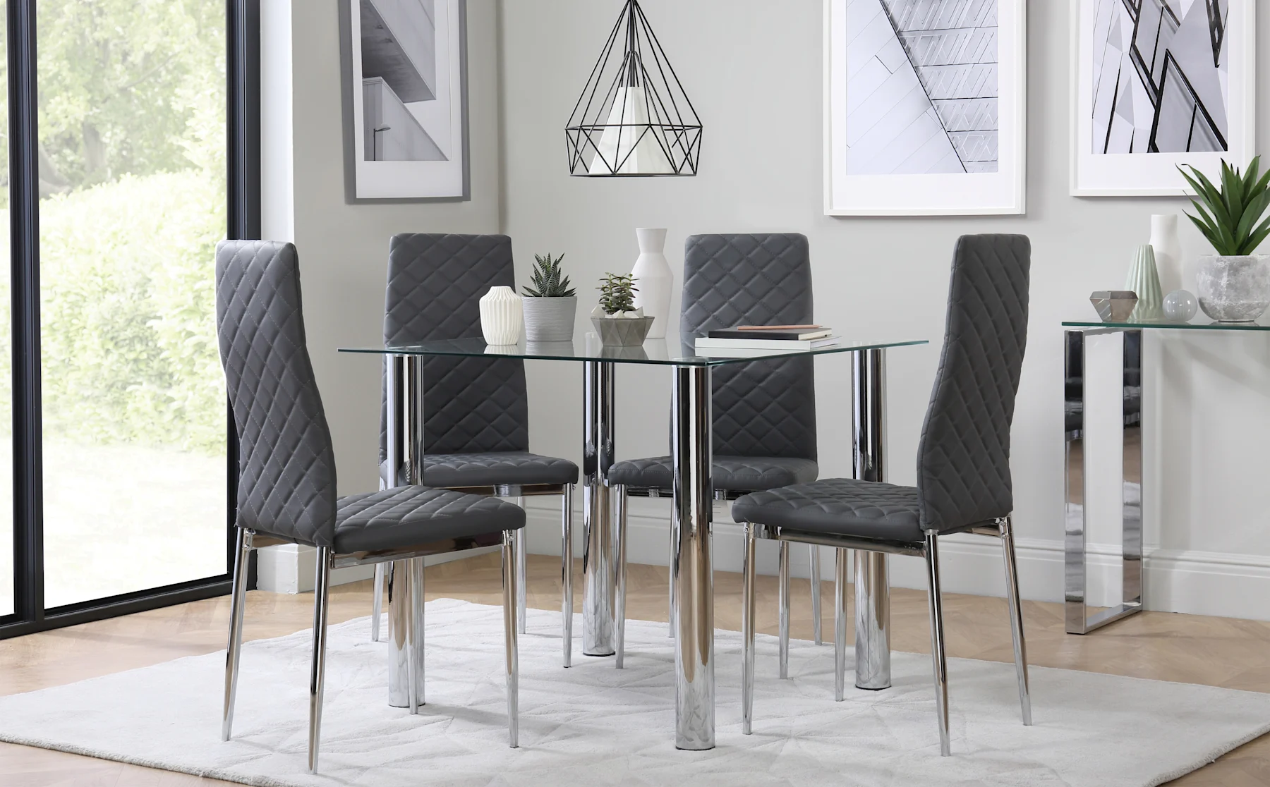 Nova Square Dining Table & 4 Renzo Chairs, Glass & Chrome, Grey Premium Faux Leather, 90cm