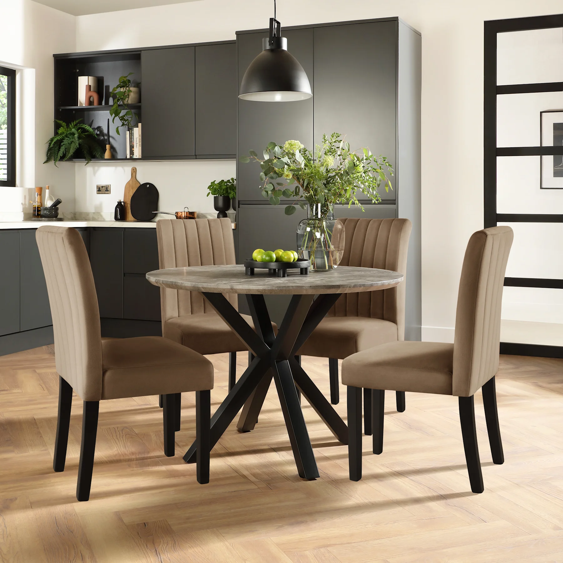 Newark Round Industrial Dining Table & 4 Salisbury Chairs, Grey Concrete Effect & Black Steel, Beige Classic Velvet & Black Solid Hardwood, 110cm