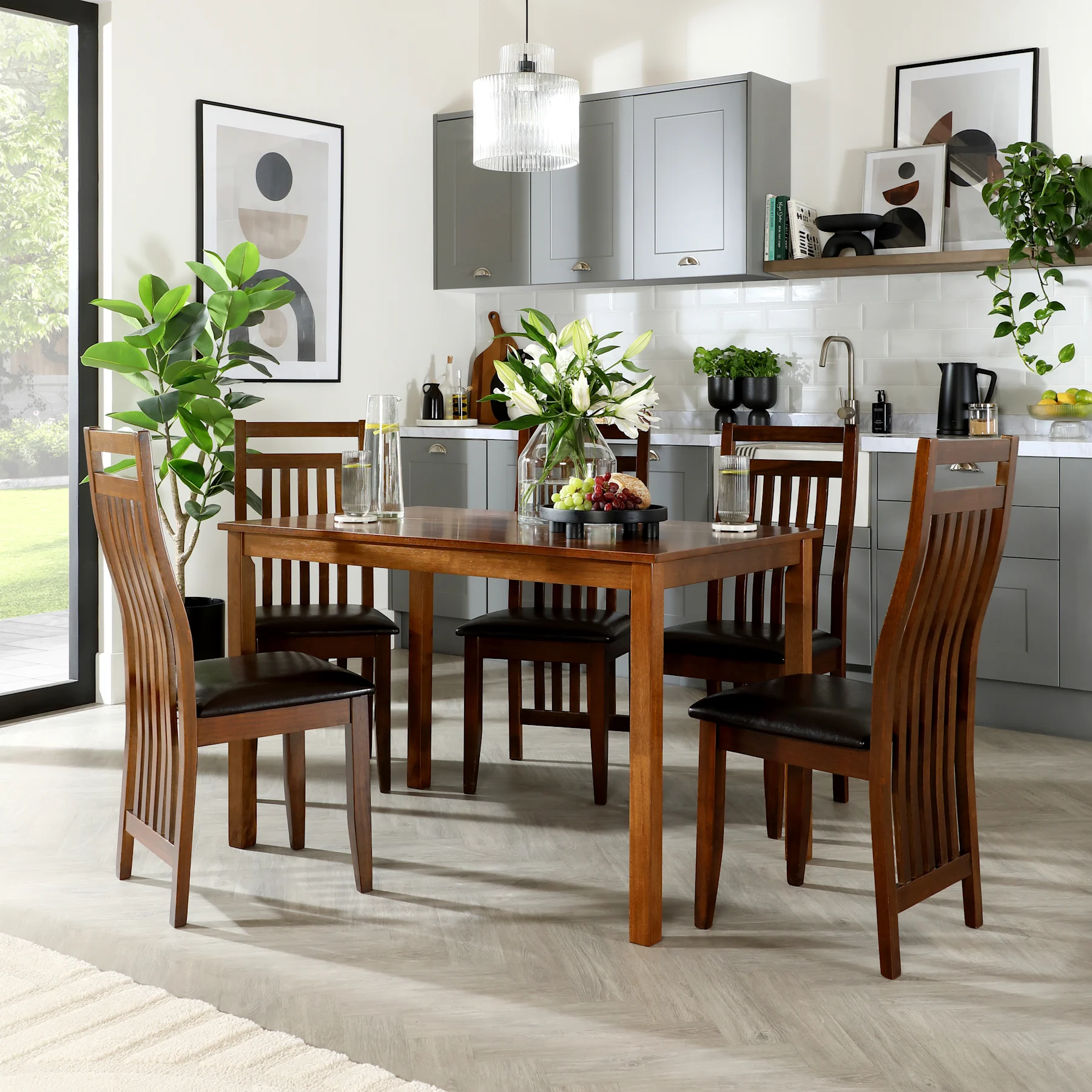 Milton Dining Table & 6 Java Chairs, Dark Solid Hardwood, Brown Classic Faux Leather, 120cm