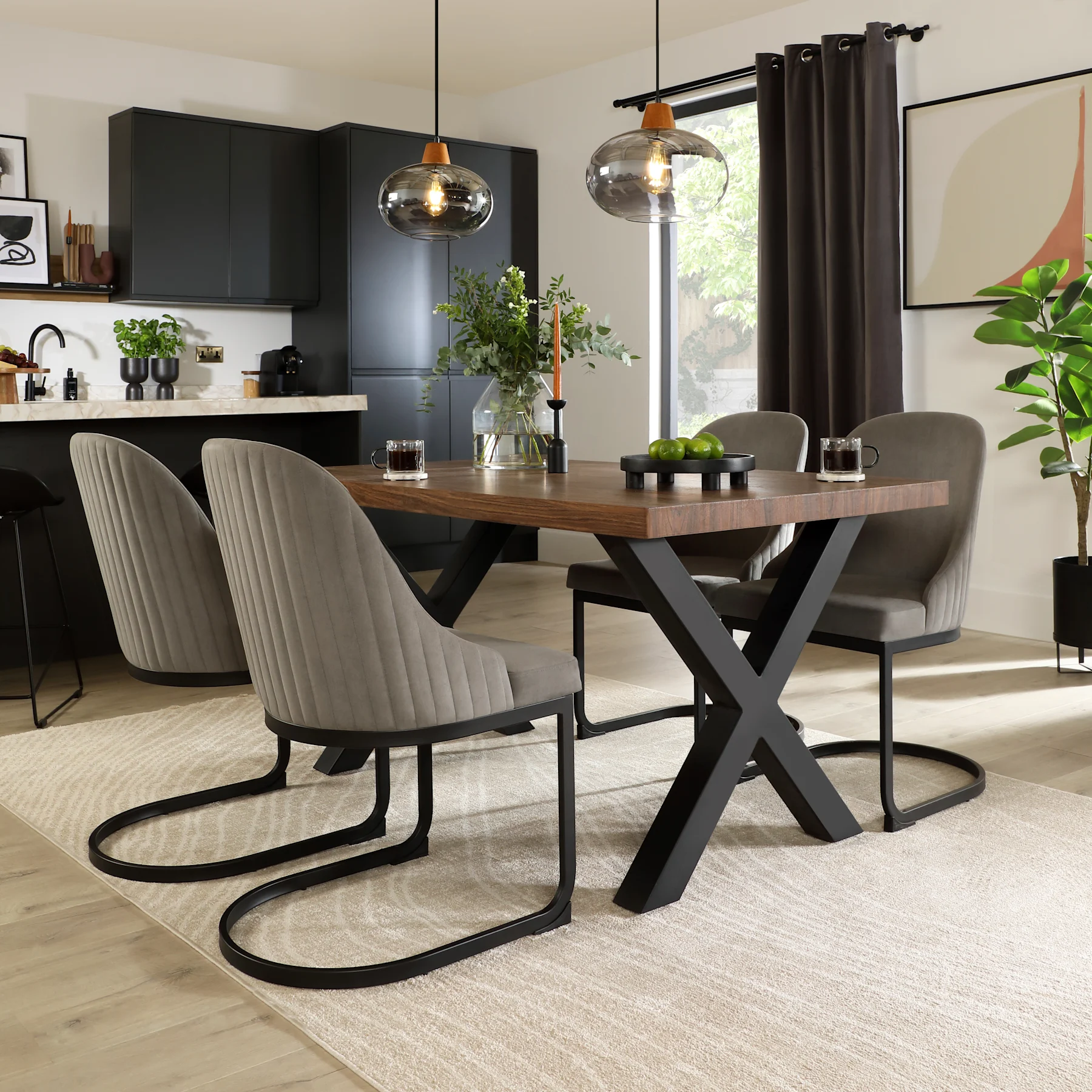 Franklin Industrial Dining Table & 4 Riva Chairs, Walnut Effect & Black Steel, Grey Classic Velvet, 150cm
