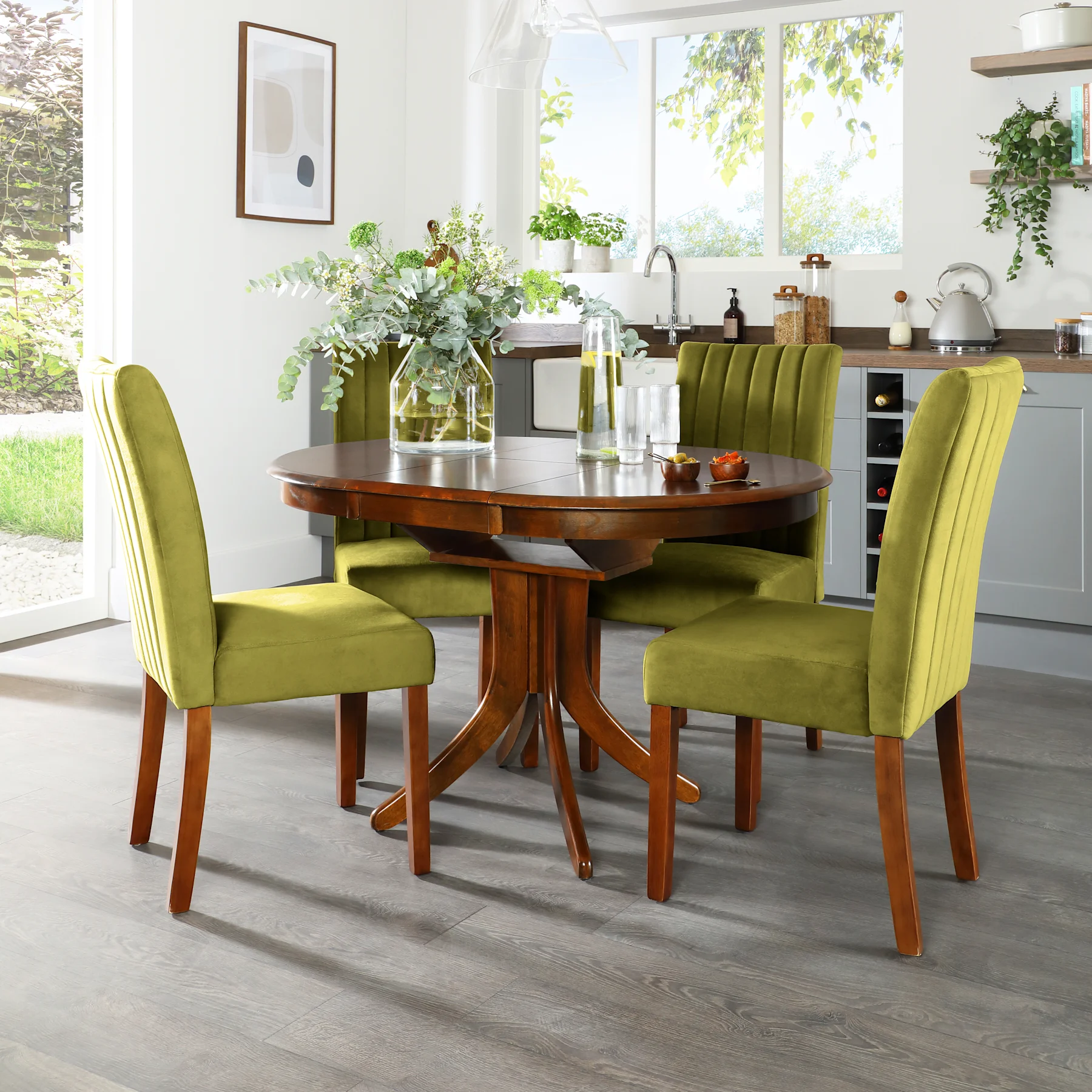 Hudson Round Extending Dining Table & 6 Salisbury Chairs, Dark Solid Hardwood, Olive Green Classic Velvet, 90-120cm