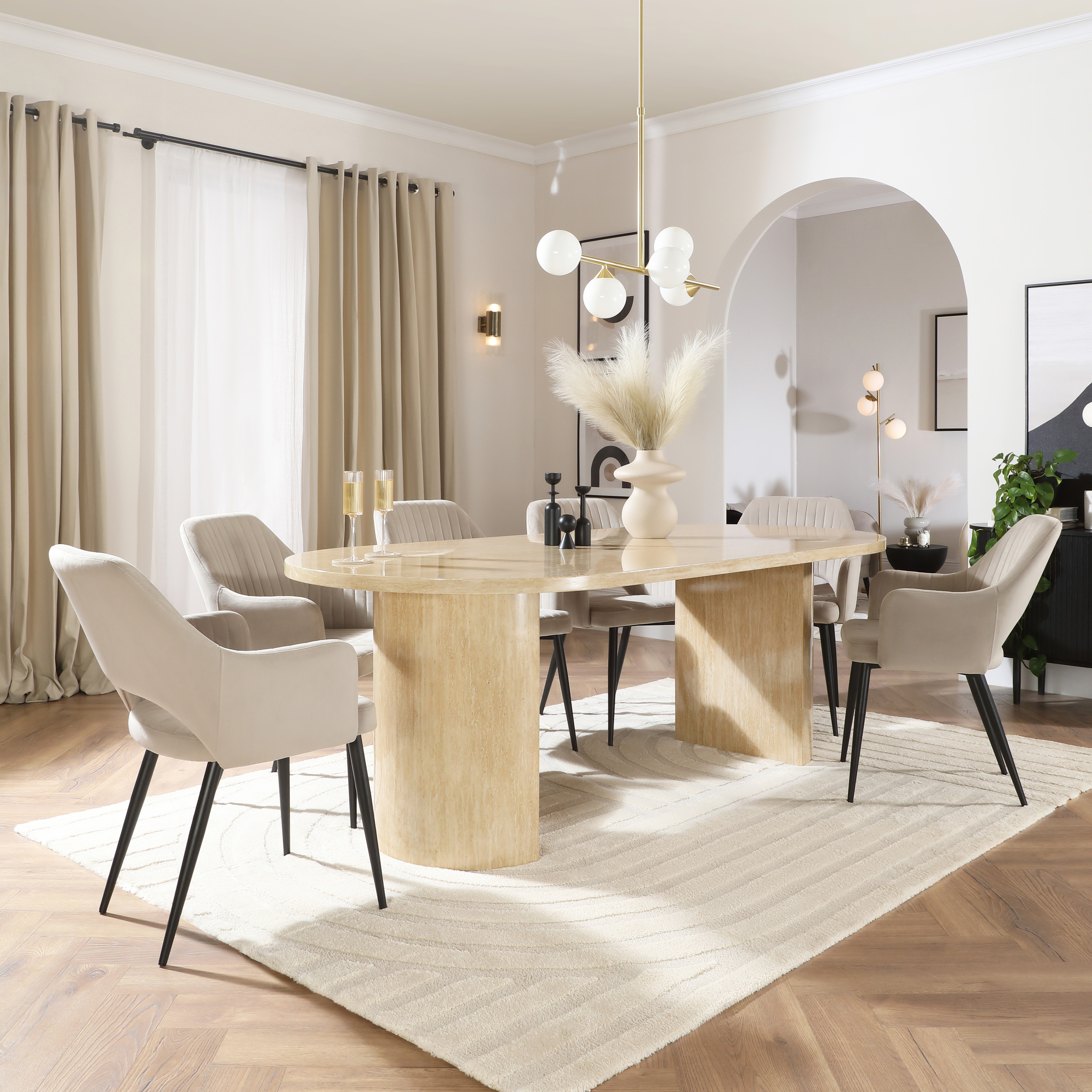 Genoa Oval Dining Table & 4 Clara Chairs, Travertine Stone Effect
