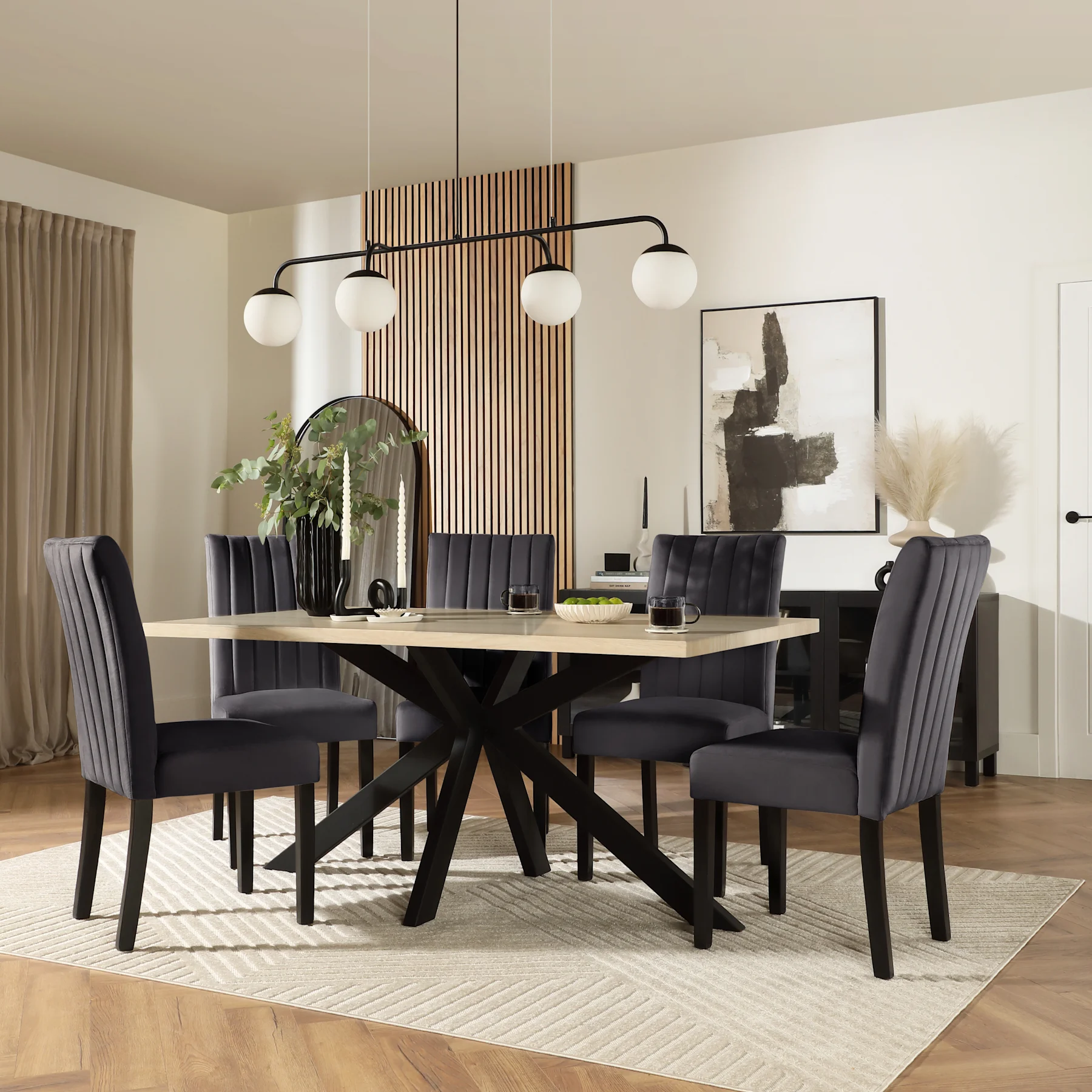 Madison Dining Table & 4 Salisbury Chairs, Light Oak Effect & Black Steel, Slate Grey Classic Plush Fabric & Black Solid Hardwood, 160cm