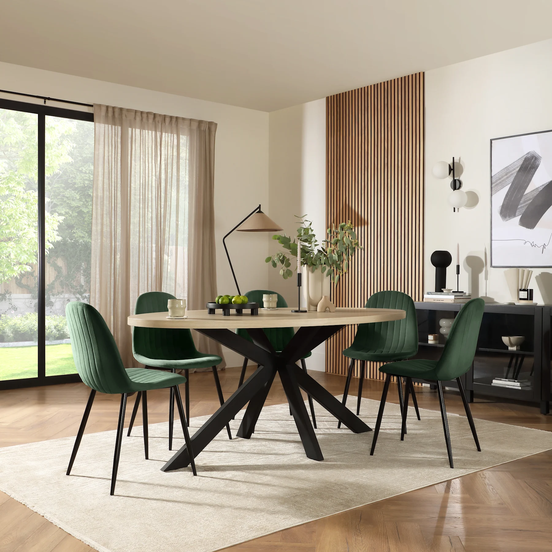 Madison Oval Dining Table & 4 Brooklyn Chairs, Light Oak Effect & Black Steel, Moss Green Classic Velvet, 180cm