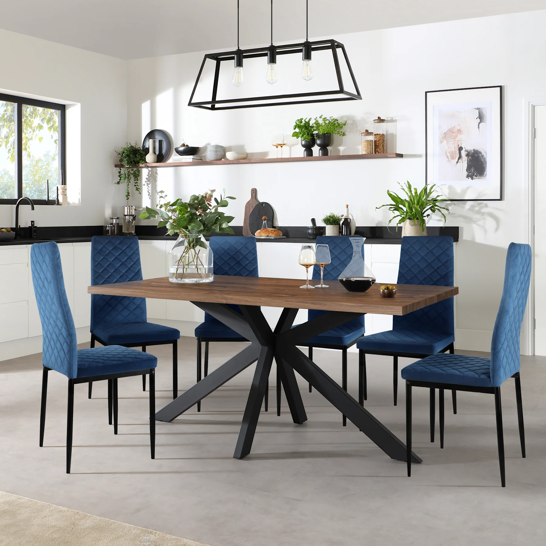 Madison Industrial Dining Table & 4 Renzo  Chairs, Walnut Effect & Black Steel, Blue Classic Velvet, 150cm