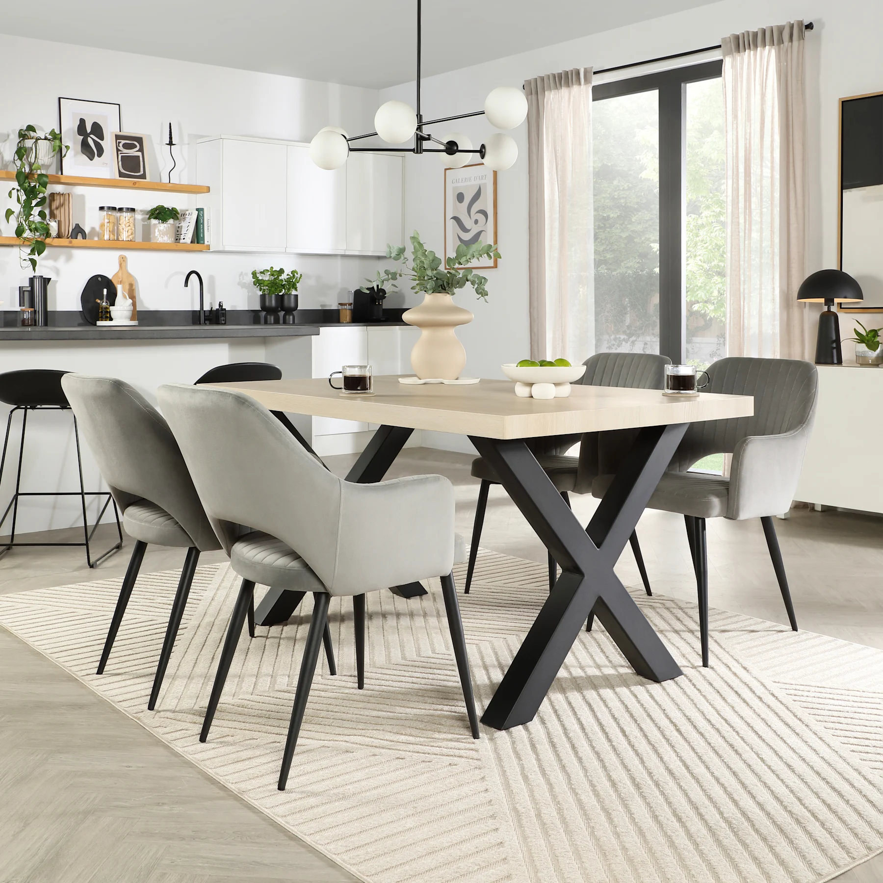 Franklin Dining Table & 4 Clara Chairs, Light Oak Effect & Black Steel, Grey Classic Velvet, 150cm