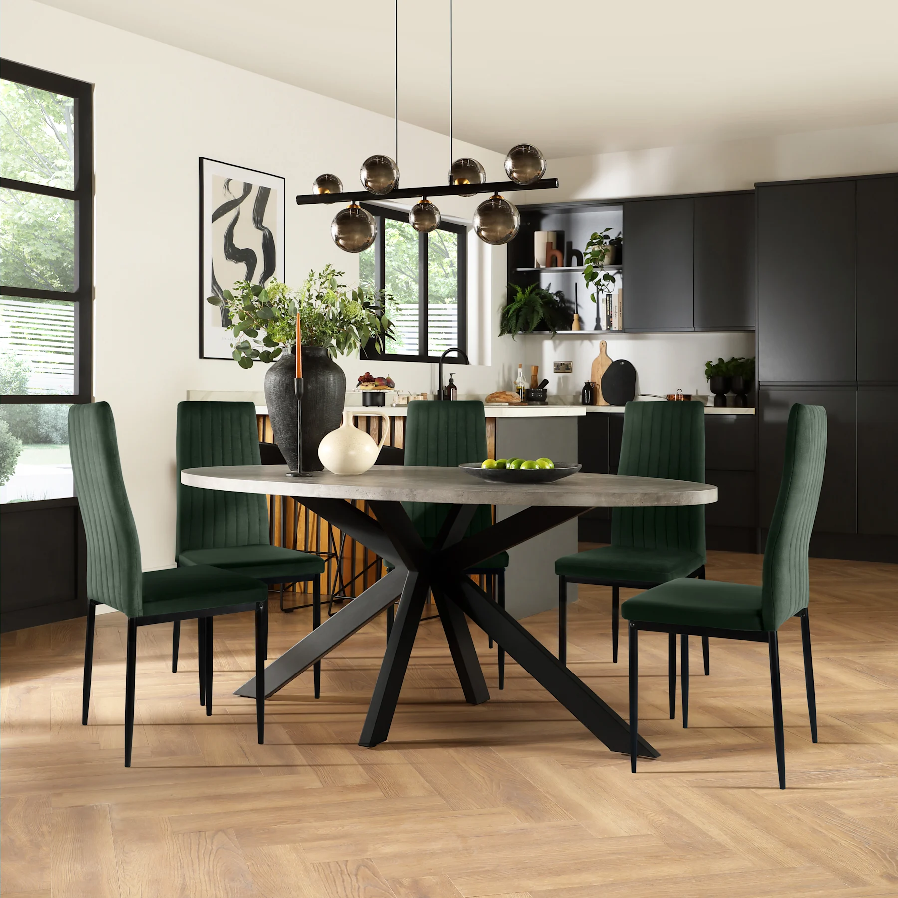 Madison Oval Industrial Dining Table & 6 Leon  Chairs, Grey Concrete Effect & Black Steel, Moss Green Classic Velvet, 150cm