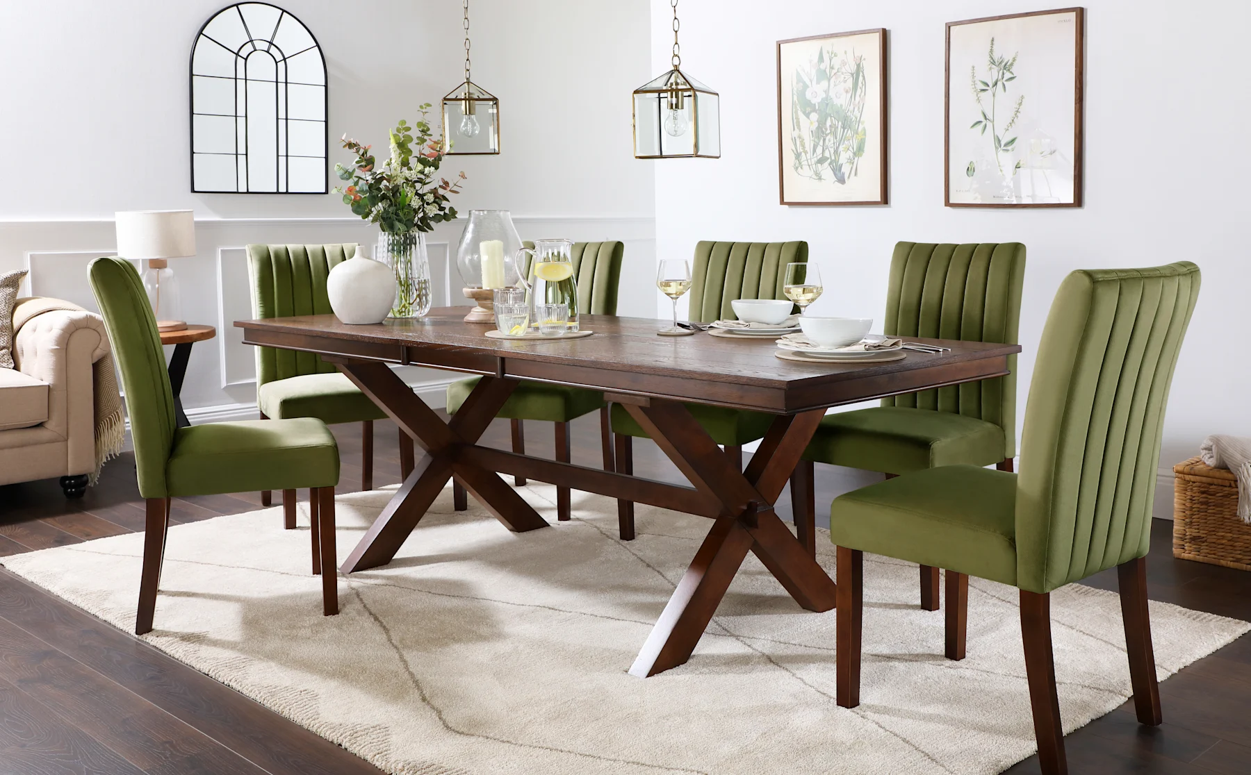 Grange Extending Dining Table & 6 Salisbury Chairs, Dark Oak Veneer & Solid Hardwood, Olive Green Classic Plush Fabric & Dark Solid Hardwood, 180-220cm