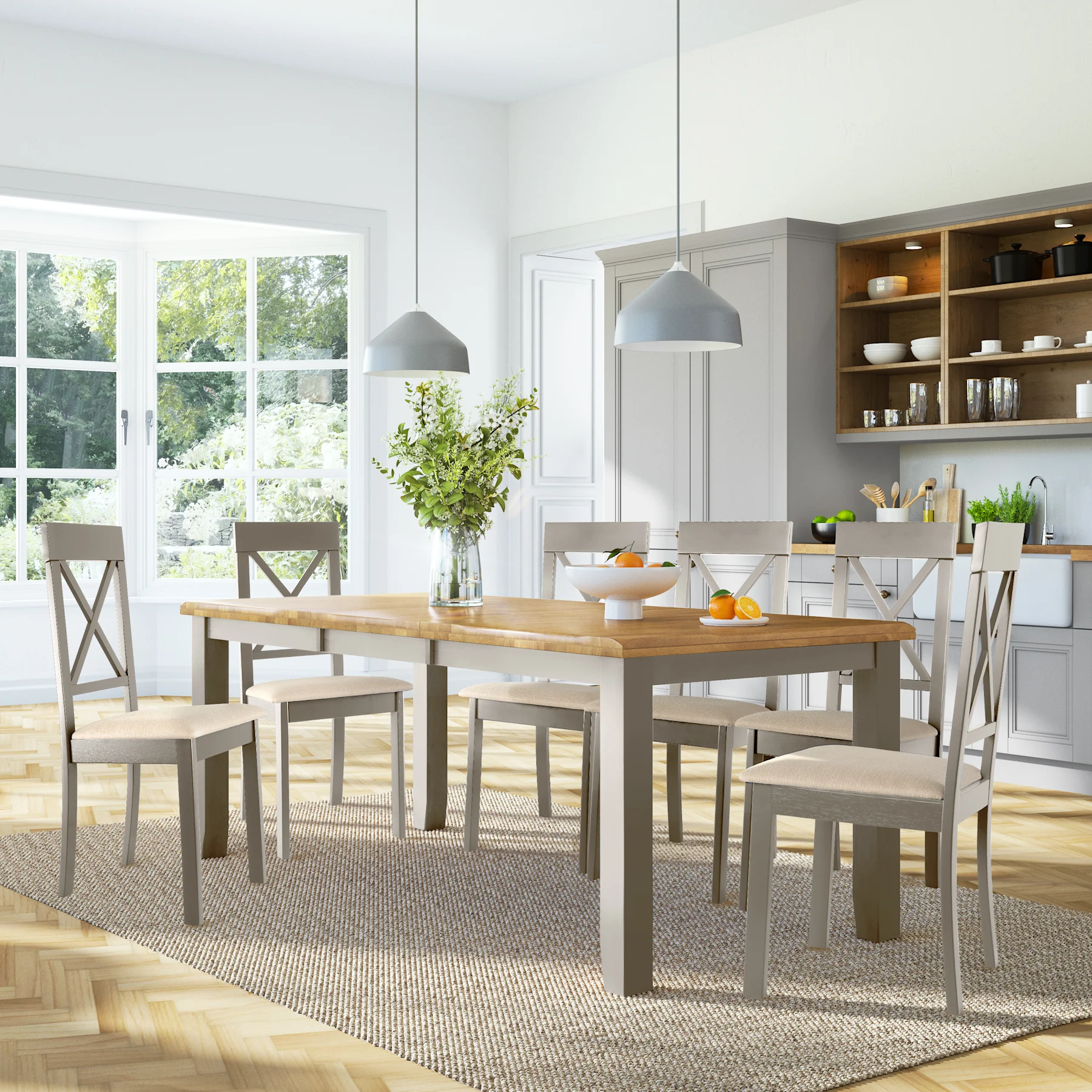 Highbury Extending Dining Table & 8 Kendal Chairs, Natural Oak Finish & Beige Solid Hardwood, Oatmeal Classic Linen-Weave Fabric, 150-200cm