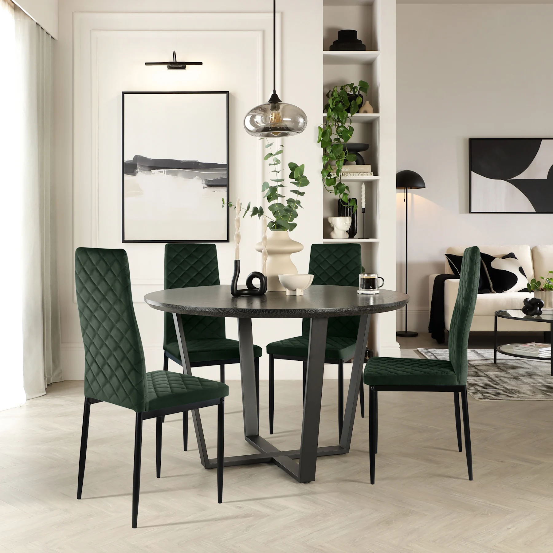 Traviso Round Dining Table & 4 Renzo Chairs, Black Oak Effect & Black Steel, Moss Green Classic Velvet, 120cm