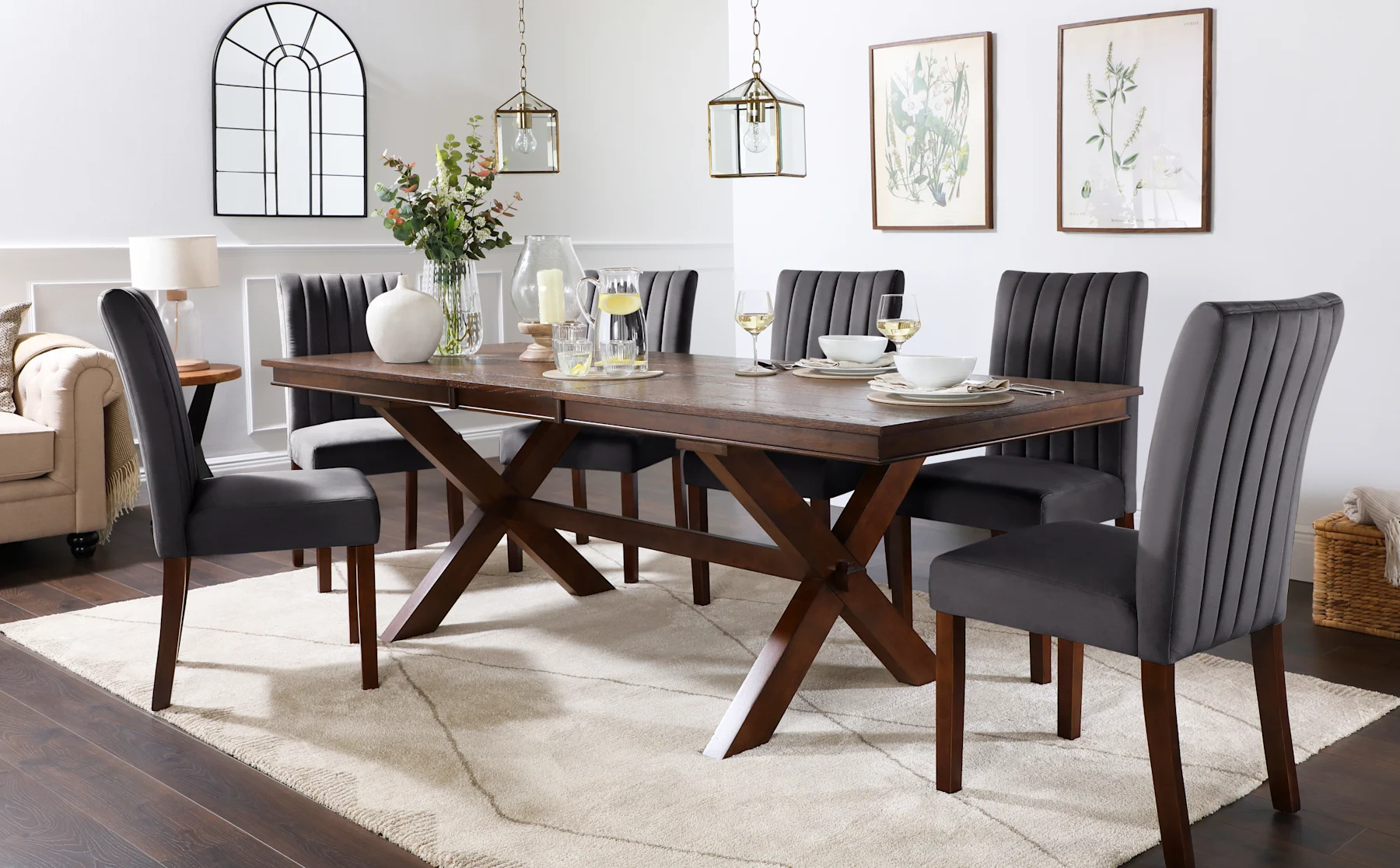 Grange Extending Dining Table & 8 Salisbury Chairs, Dark Oak Veneer & Solid Hardwood, Slate Grey Classic Plush Fabric & Dark Solid Hardwood, 180-220cm