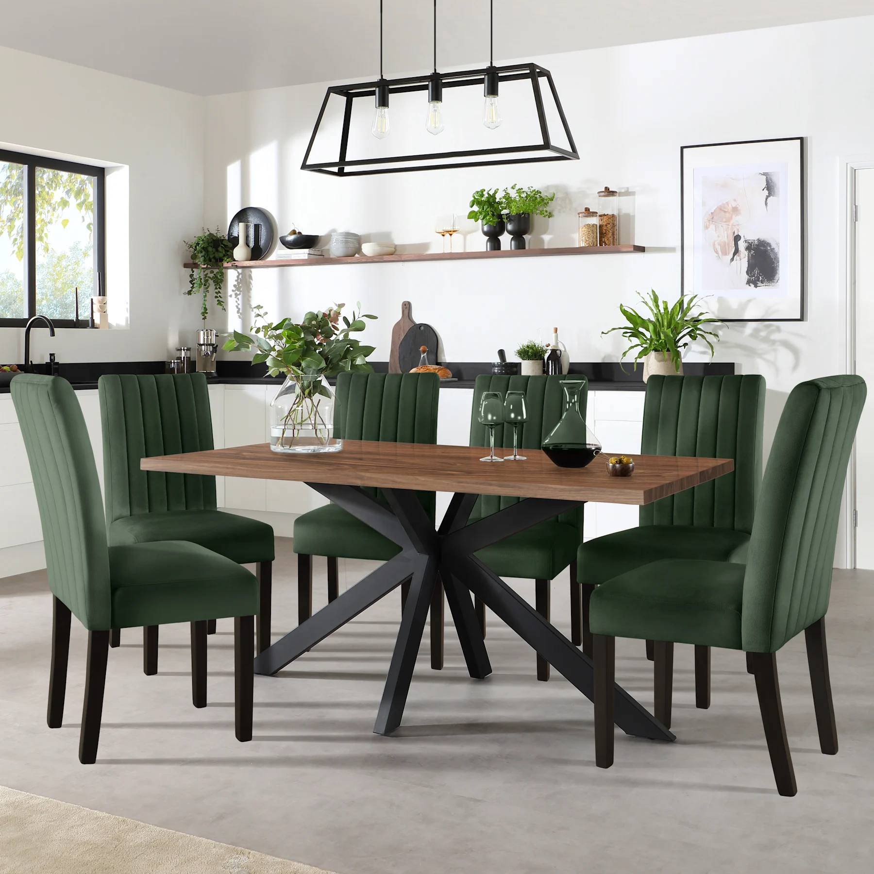 Madison Industrial Dining Table & 4 Salisbury Chairs, Walnut Effect & Black Steel, Moss Green Classic Velvet & Black Solid Hardwood, 160cm