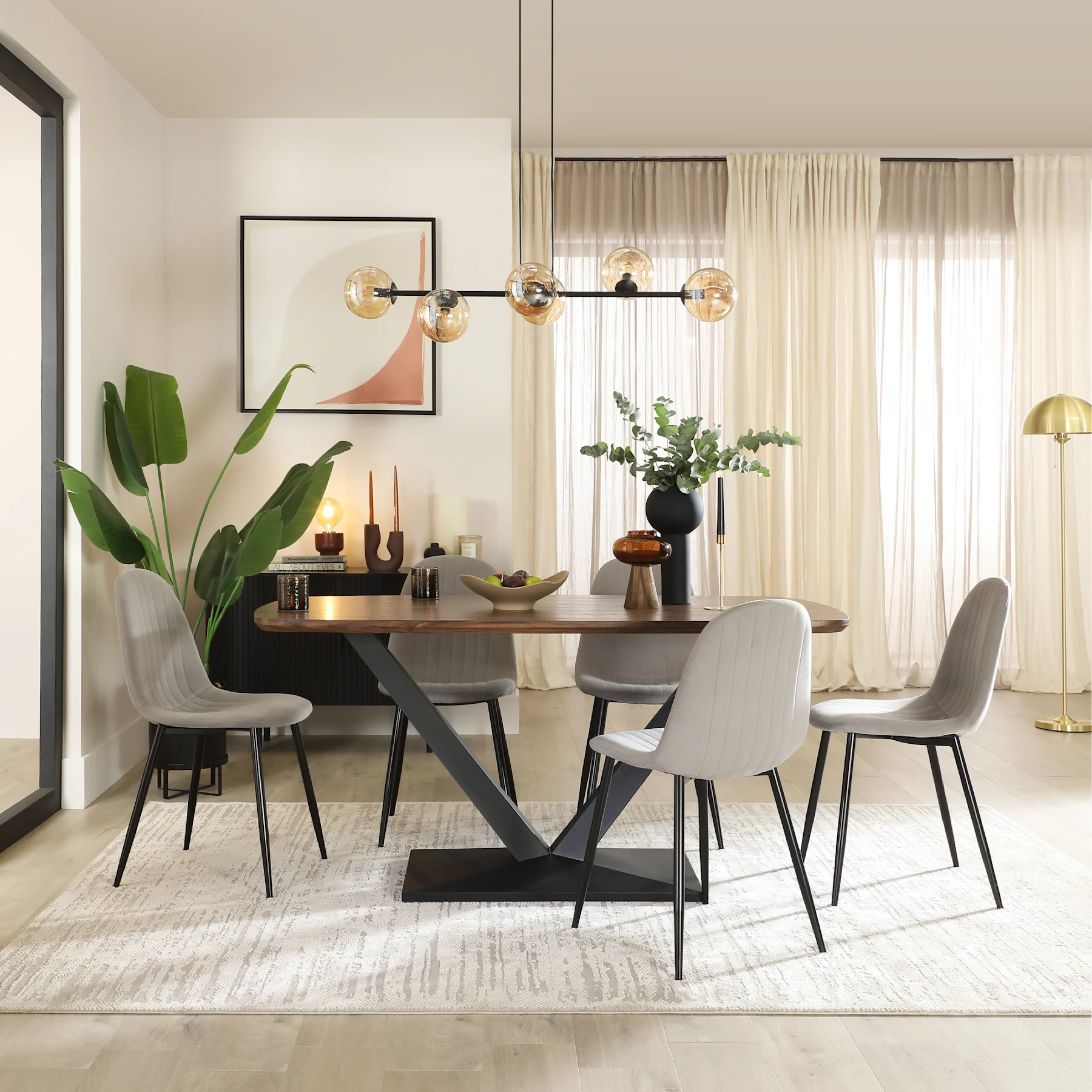 Avanta Dining Table & 4 Brooklyn Dining Chairs, Walnut Effect & Black Steel, Grey Classic Velvet, 160cm