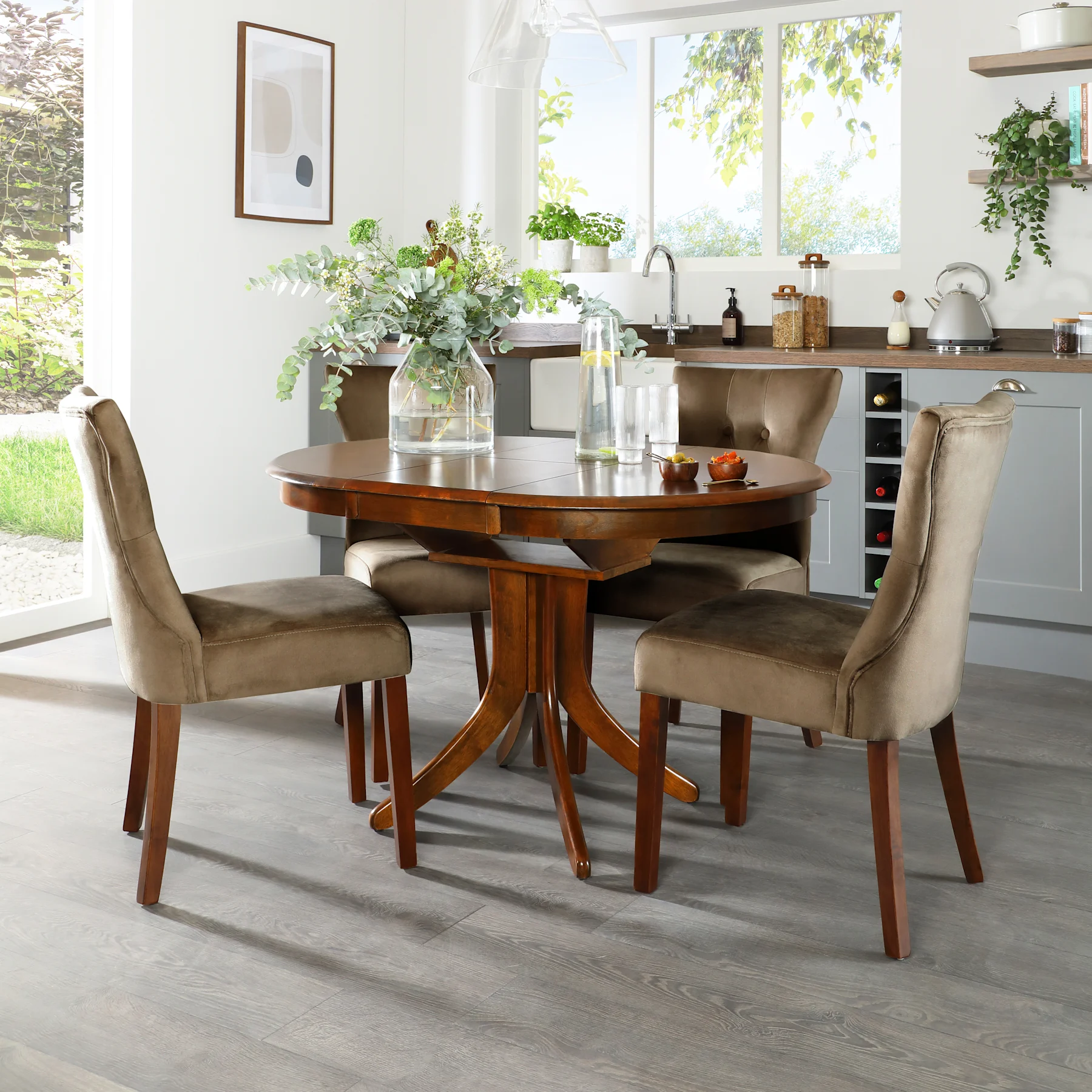 Hudson Round Extending Dining Table & 4 Bewley Chairs, Dark Solid Hardwood, Beige Classic Velvet, 90-120cm