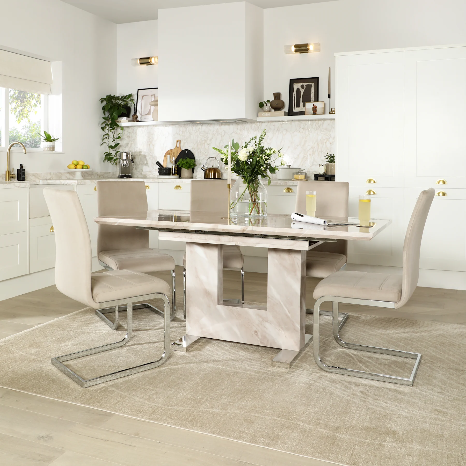 Florence Extending Dining Table & 4 Perth Chairs, Beige Marble Effect, Champagne Classic Velvet & Chrome, 120-160cm