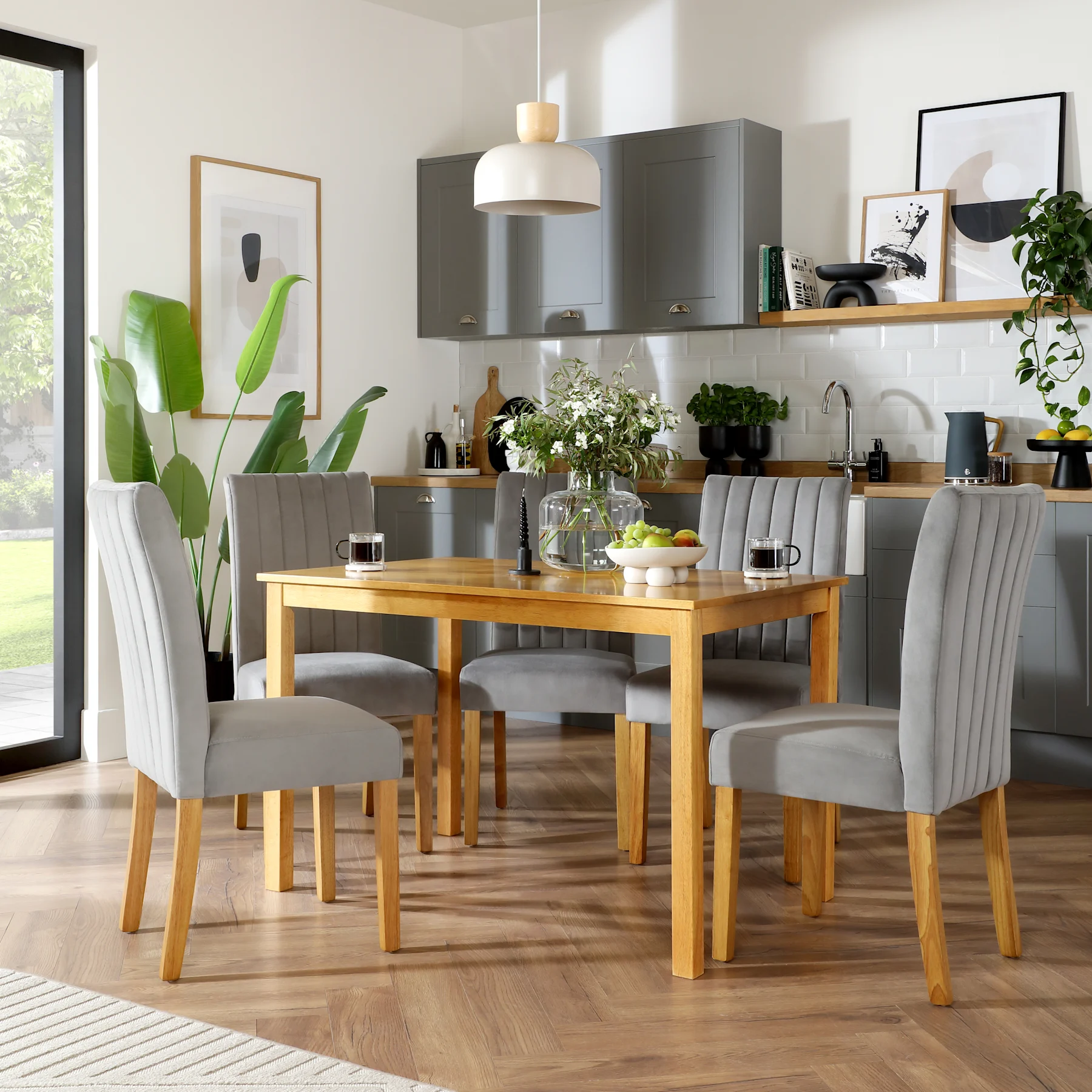Milton Dining Table & 6 Salisbury Chairs, Natural Oak Finished Solid Hardwood, Grey Classic Velvet, 120cm