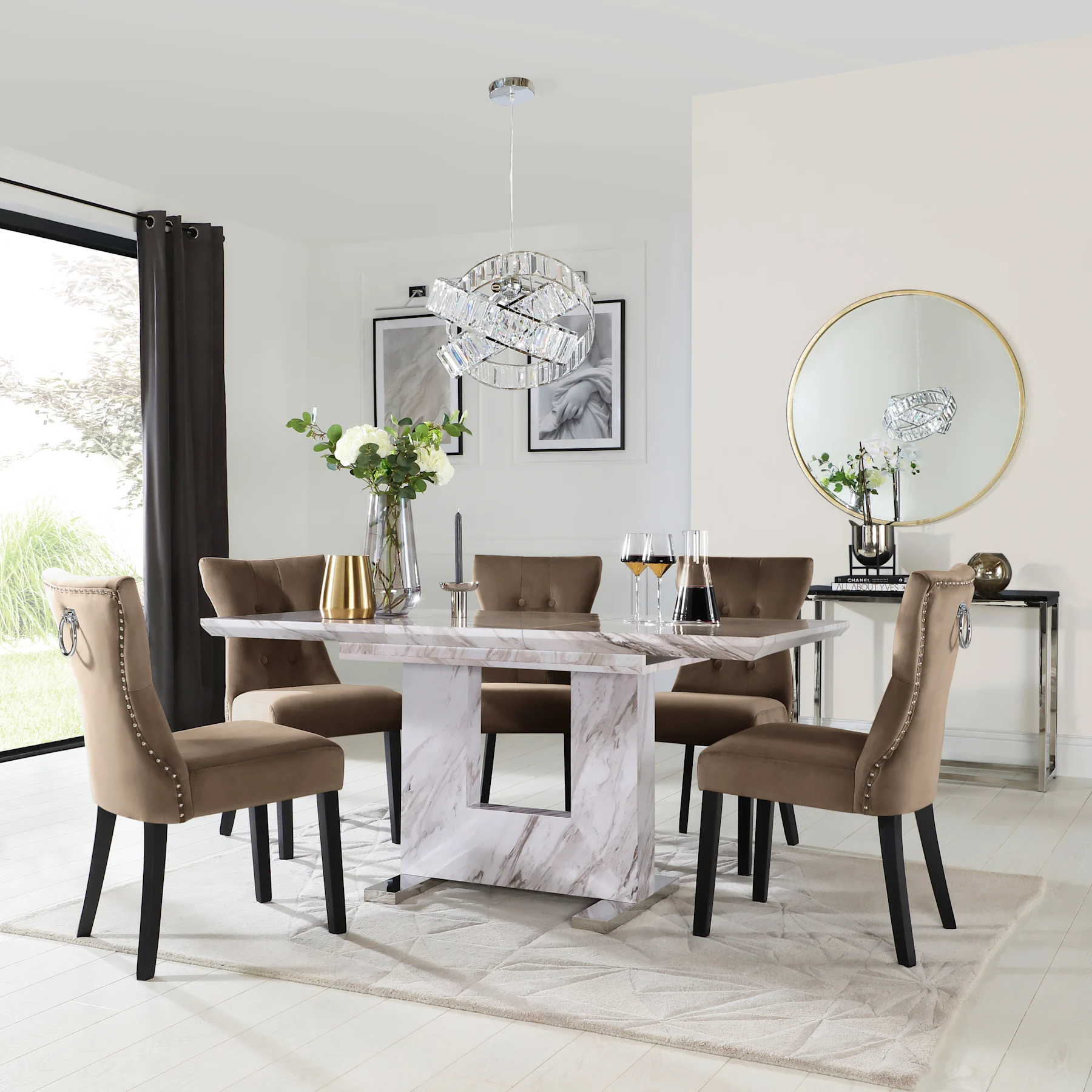 Florence Extending Dining Table & 4 Kensington Chairs, Grey Marble Effect, Beige Classic Velvet & Black Solid Hardwood, 120-160cm