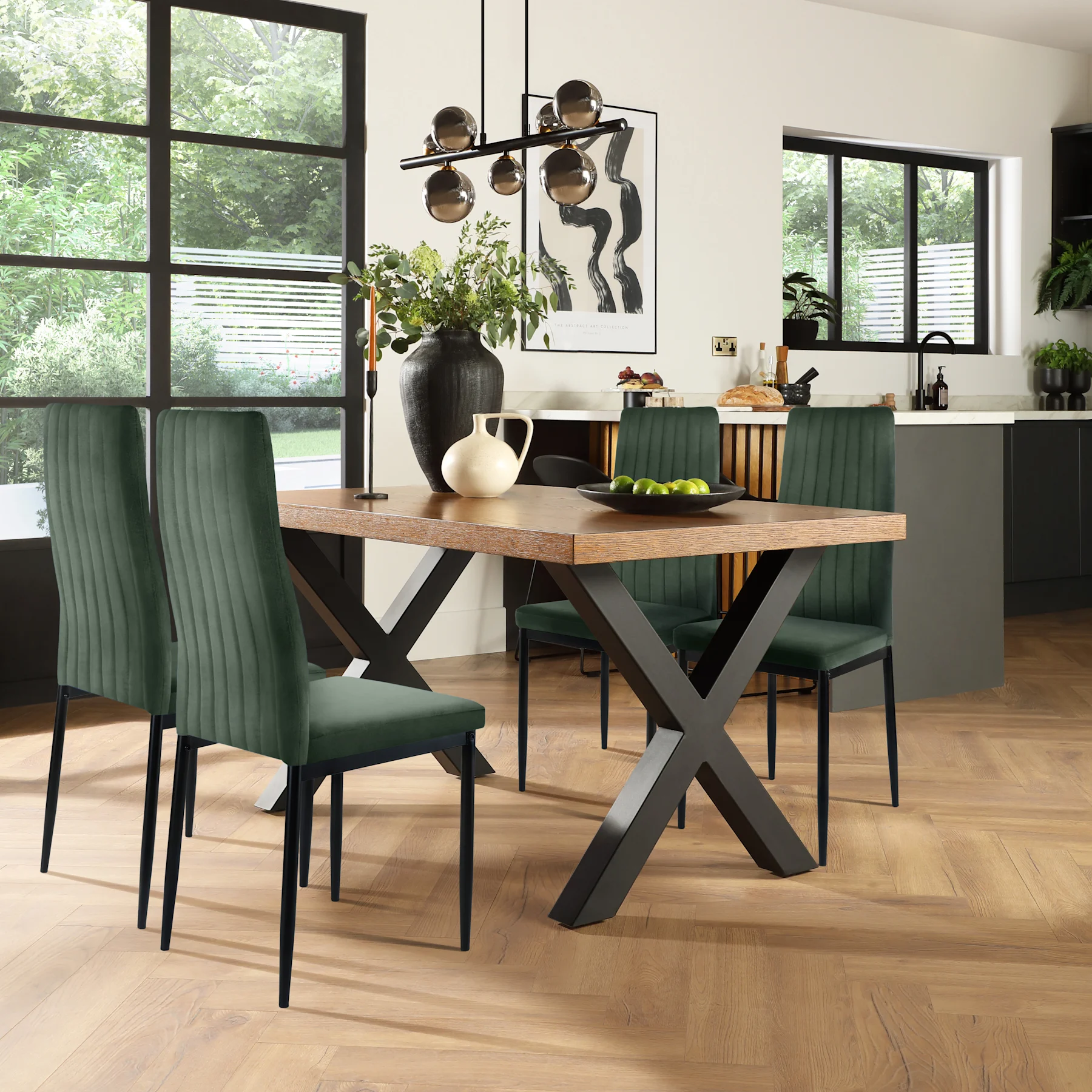 Franklin Industrial Dining Table & 4 Leon  Chairs, Dark Oak Veneer & Black Steel, Moss Green Classic Velvet, 150cm