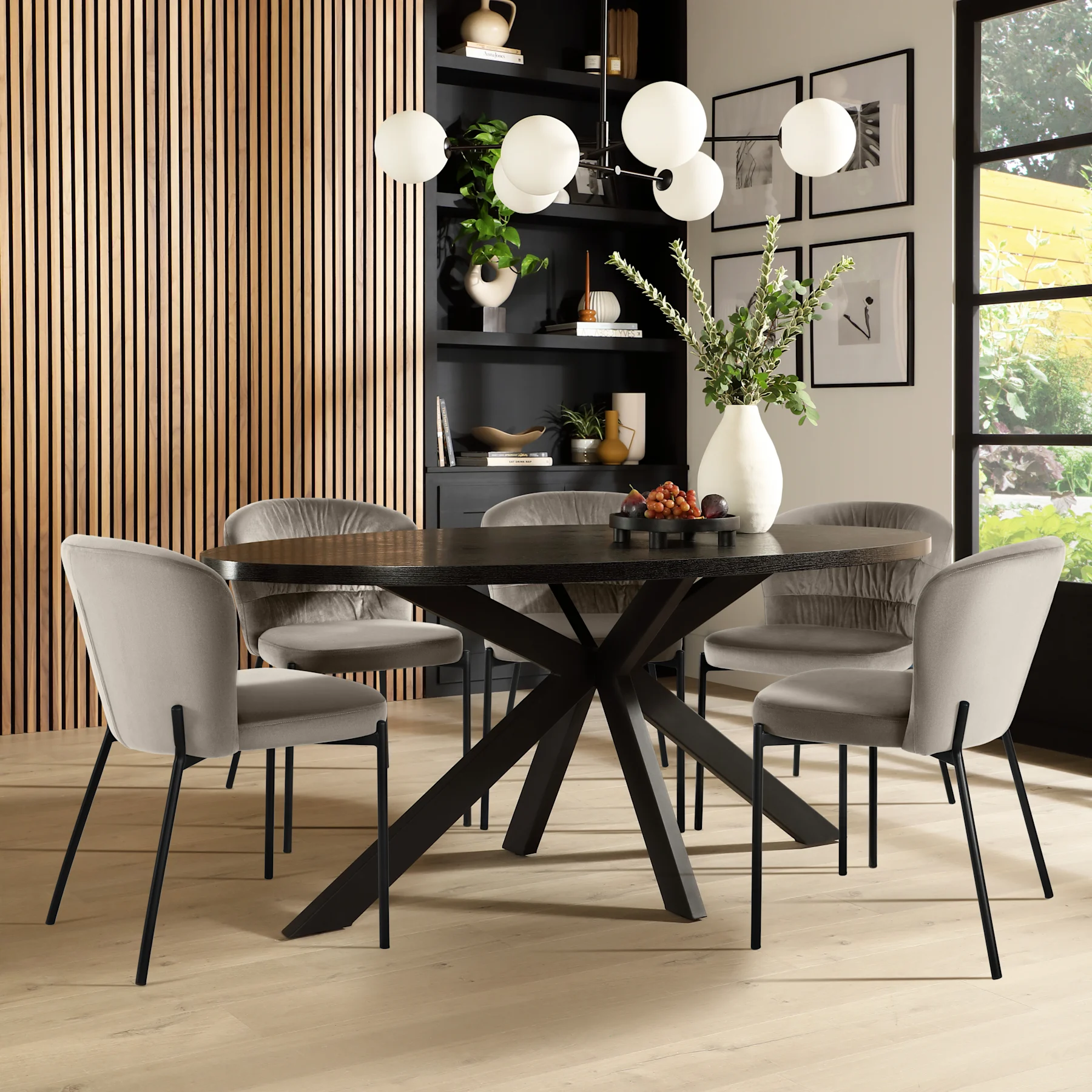 Madison Oval Dining Table & 6 Gianna Chairs, Black Oak Effect & Black Steel, Grey Classic Velvet, 180cm