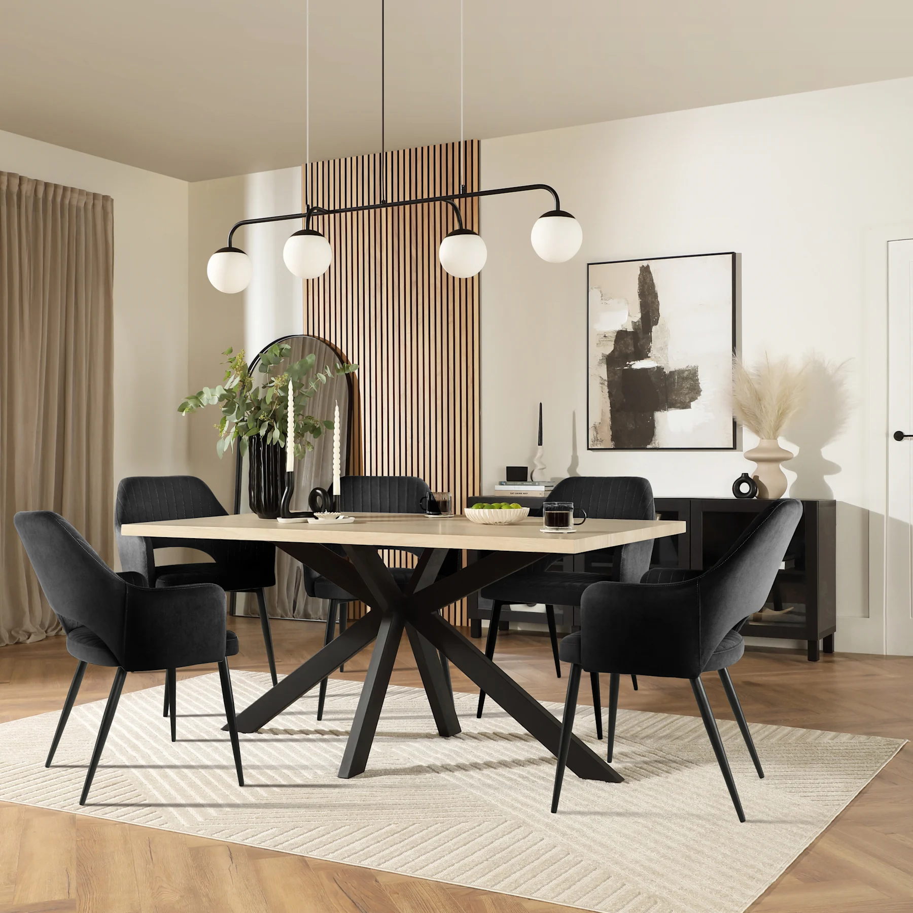 Madison Dining Table & 4 Clara Chairs, Light Oak Effect & Black Steel, Black Classic Velvet, 160cm