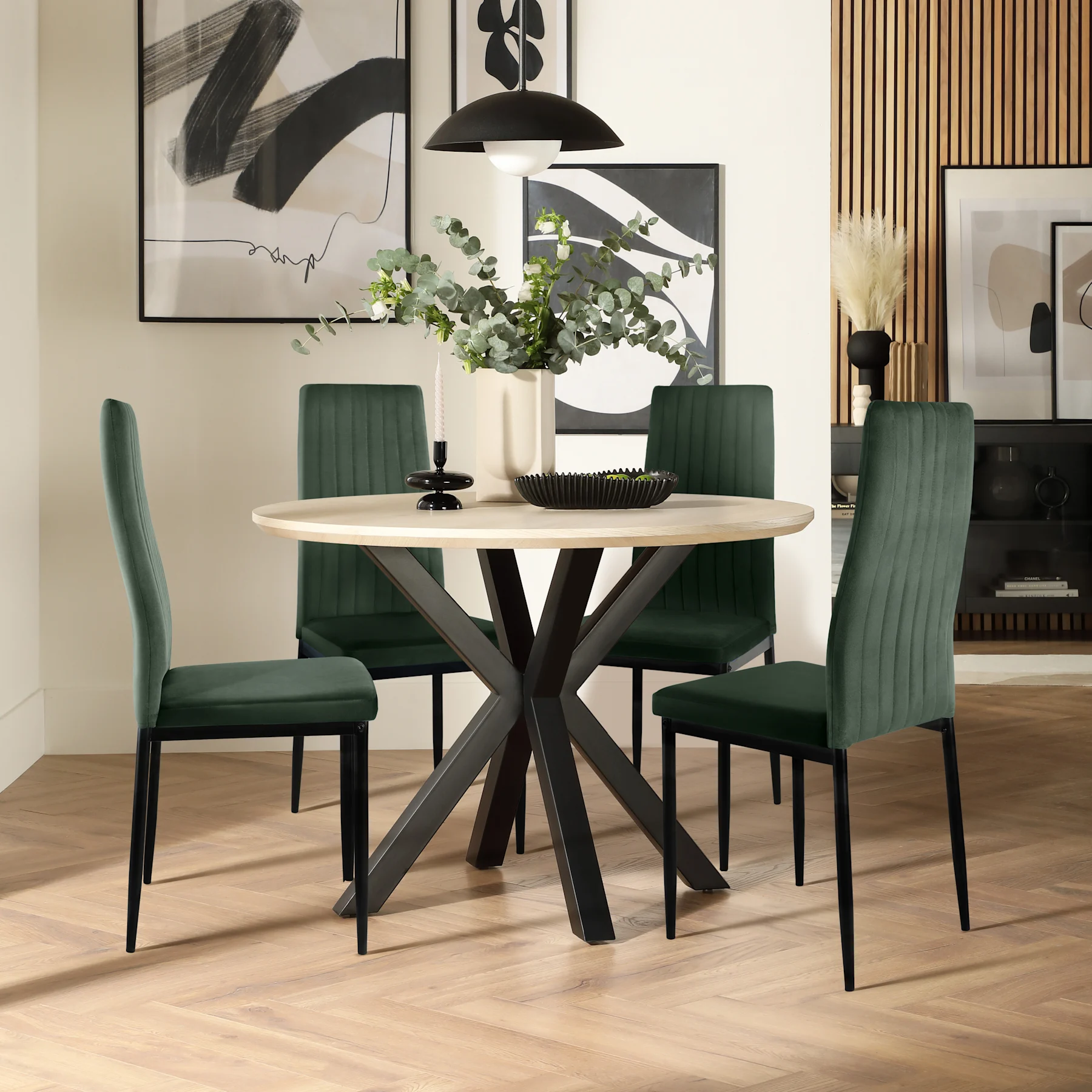 Newark Round Dining Table & 4 Leon  Chairs, Light Oak Effect & Black Steel, Moss Green Classic Velvet, 150cm