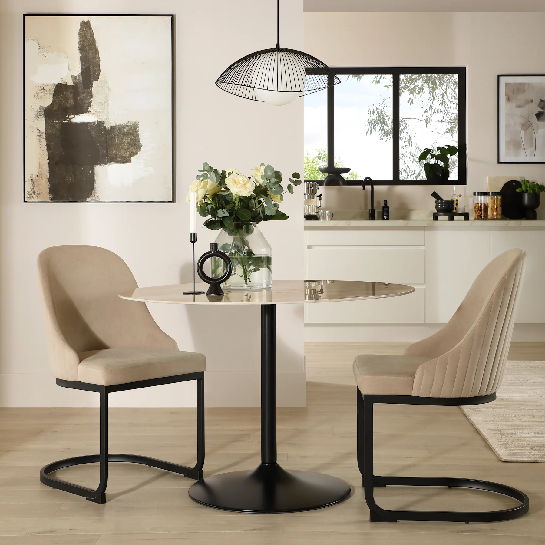 Orbit Round Dining Table & 2 Riva Chairs, Beige Marble Effect & Black Steel, Champagne Classic Velvet, 110cm