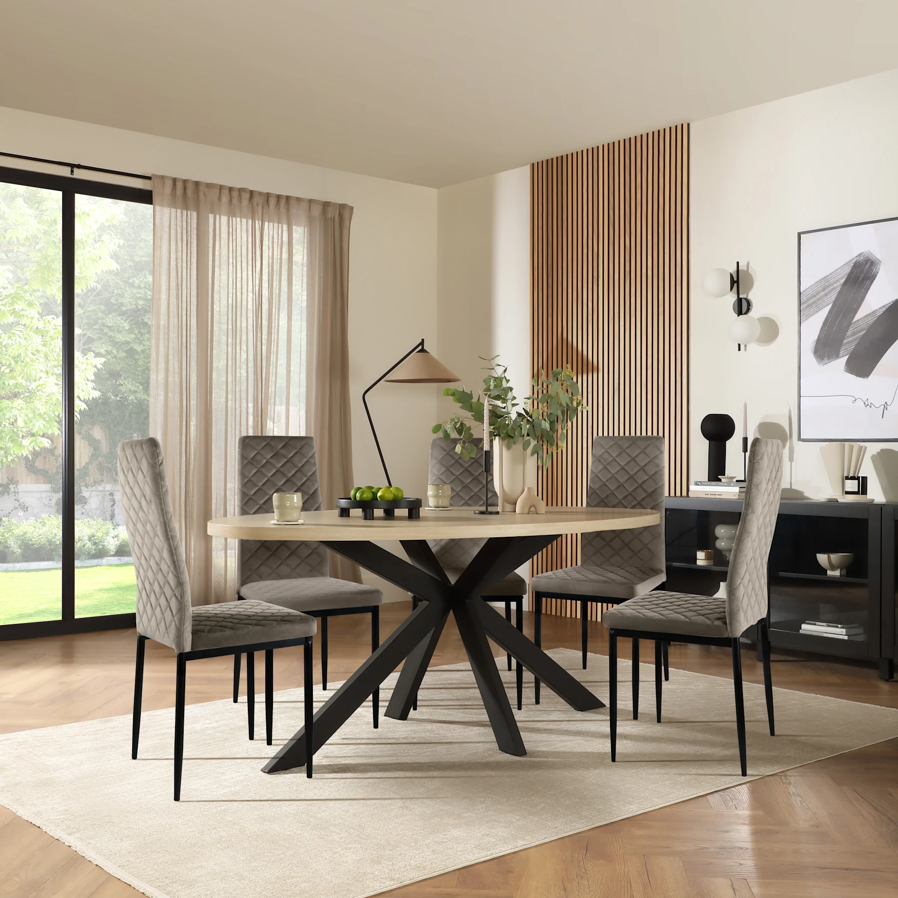 Madison Oval Dining Table & 6 Renzo  Chairs, Light Oak Effect & Black Steel, Grey Classic Velvet, 150cm