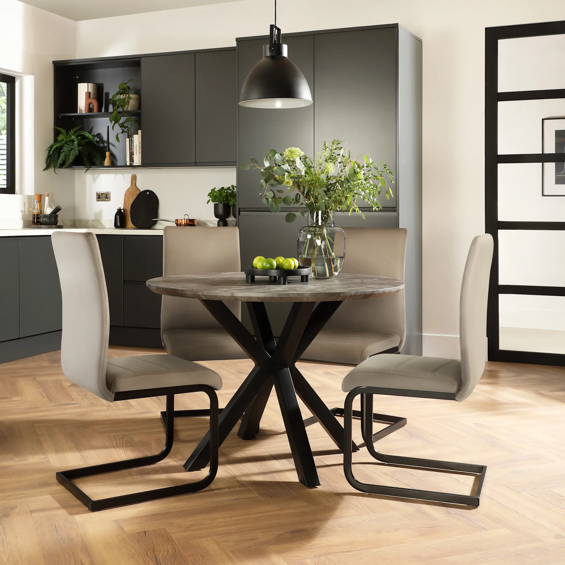 Newark Round Industrial Dining Table & 2 Perth Chairs, Grey Concrete Effect & Black Steel, Champagne Classic Velvet, 110cm