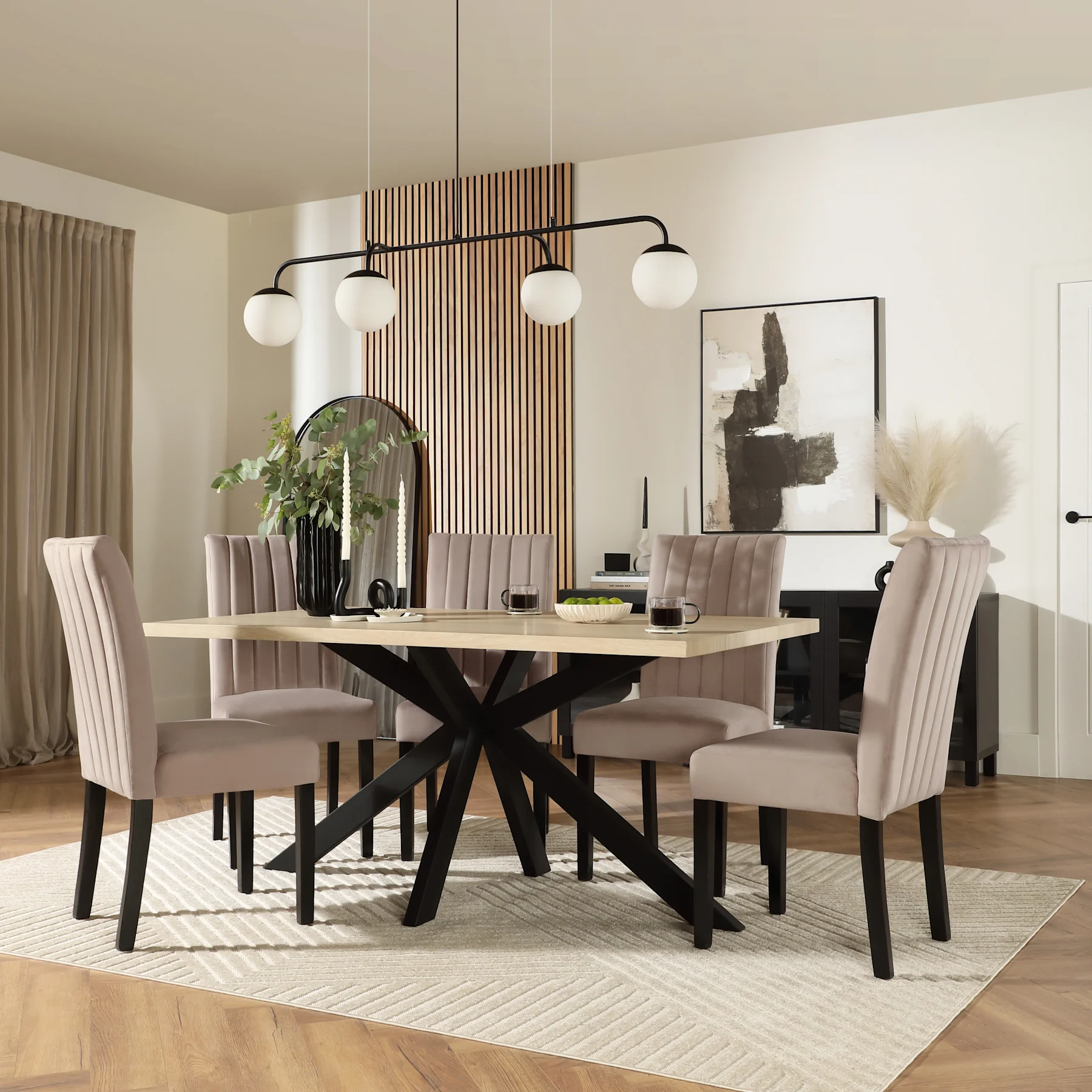 Madison Dining Table & 6 Salisbury Chairs, Light Oak Effect & Black Steel, Beige Classic Plush Fabric & Black Solid Hardwood, 160cm