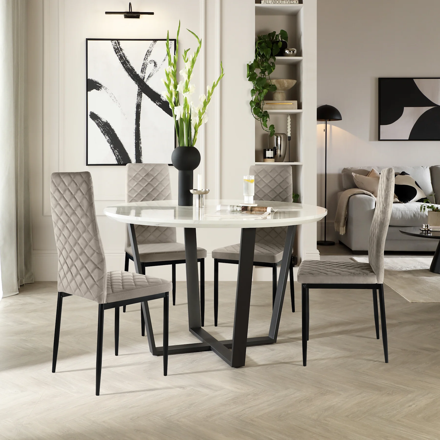 Traviso Round Dining Table & 4 Renzo Chairs, White Marble Effect & Black Steel, Grey Classic Velvet, 120cm