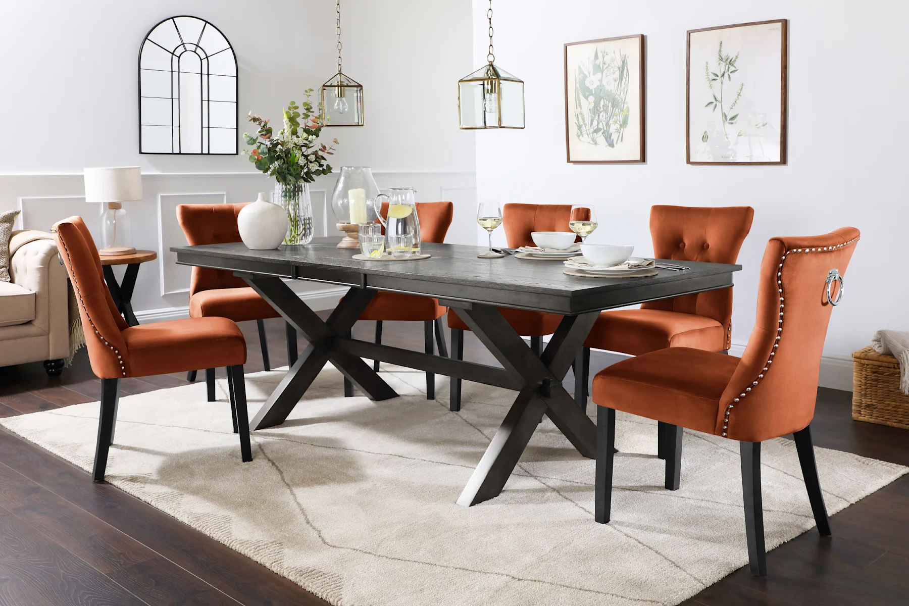 Grange Extending Dining Table & 8 Kensington Chairs, Grey Oak Veneer & Solid Hardwood, Burnt Orange Classic Velvet & Black Solid Hardwood, 180-220cm