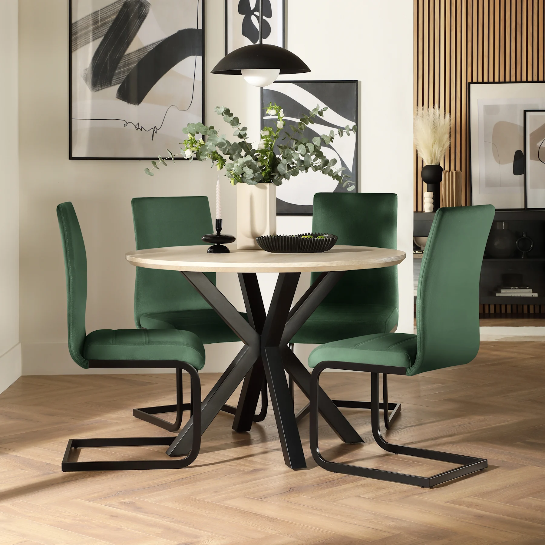 Newark Round Dining Table & 2 Perth Chairs, Light Oak Effect & Black Steel, Moss Green Classic Velvet, 110cm