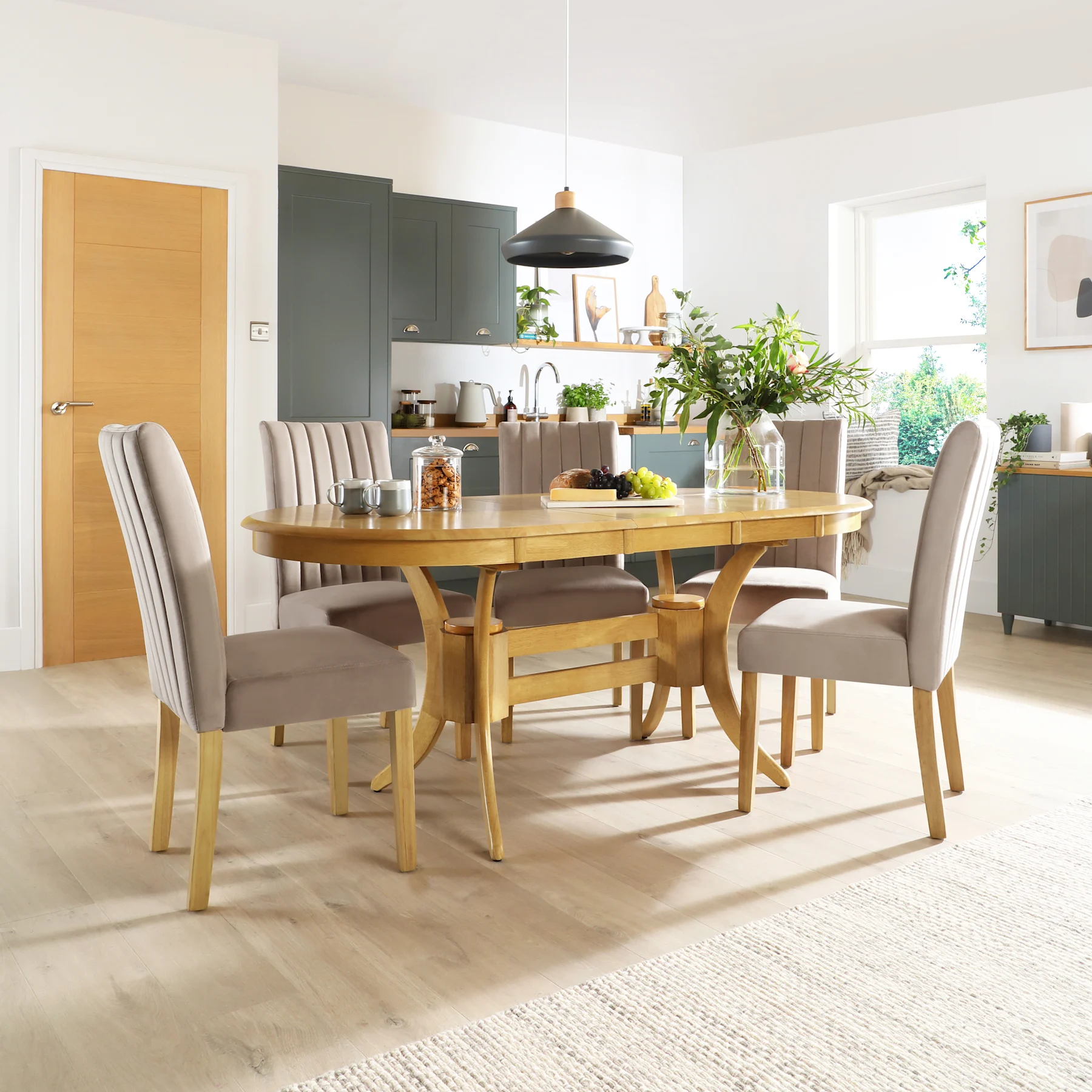 Townhouse Oval Extending Dining Table & 6 Salisbury Chairs, Natural Oak Finished Solid Hardwood, Beige Classic Plush Fabric, 150-180cm