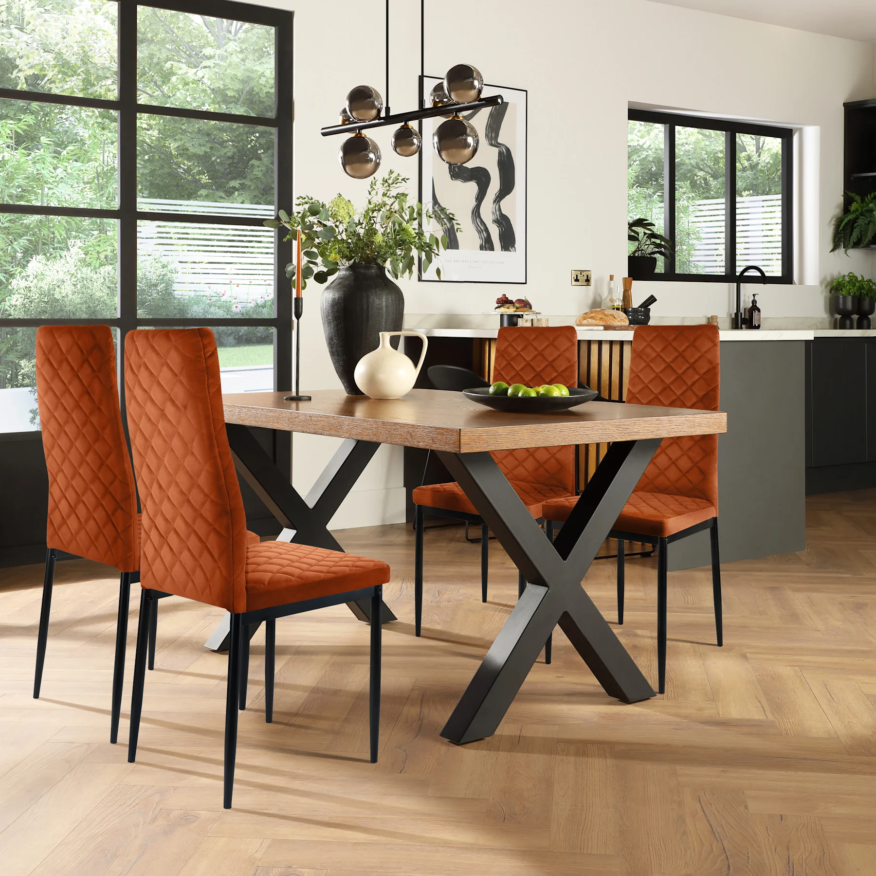 Franklin Industrial Dining Table & 4 Renzo  Chairs, Dark Oak Veneer & Black Steel, Burnt Orange Classic Velvet, 150cm