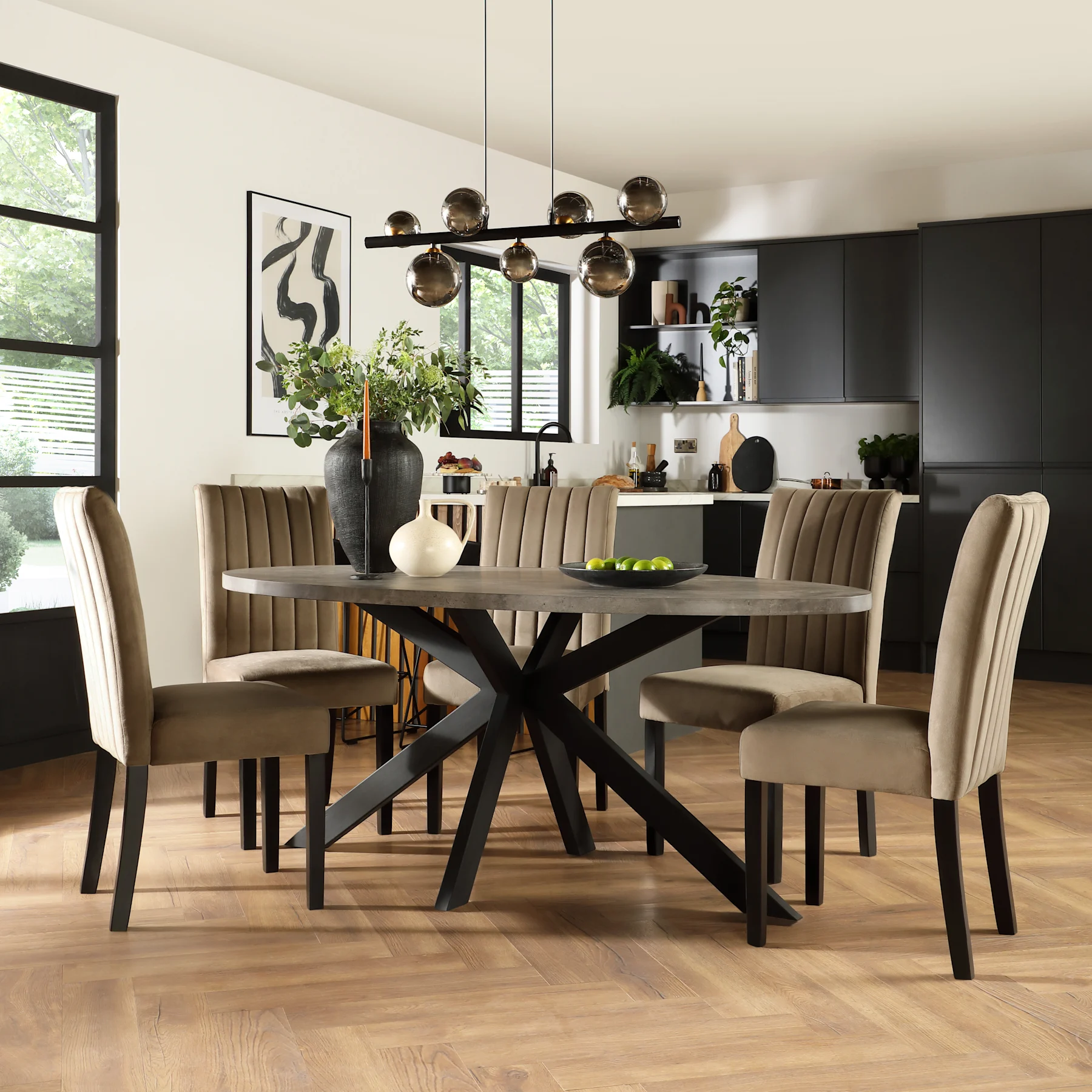 Madison Oval Industrial Dining Table & 6 Salisbury Chairs, Grey Concrete Effect & Black Steel, Beige Classic Velvet & Black Solid Hardwood, 180cm