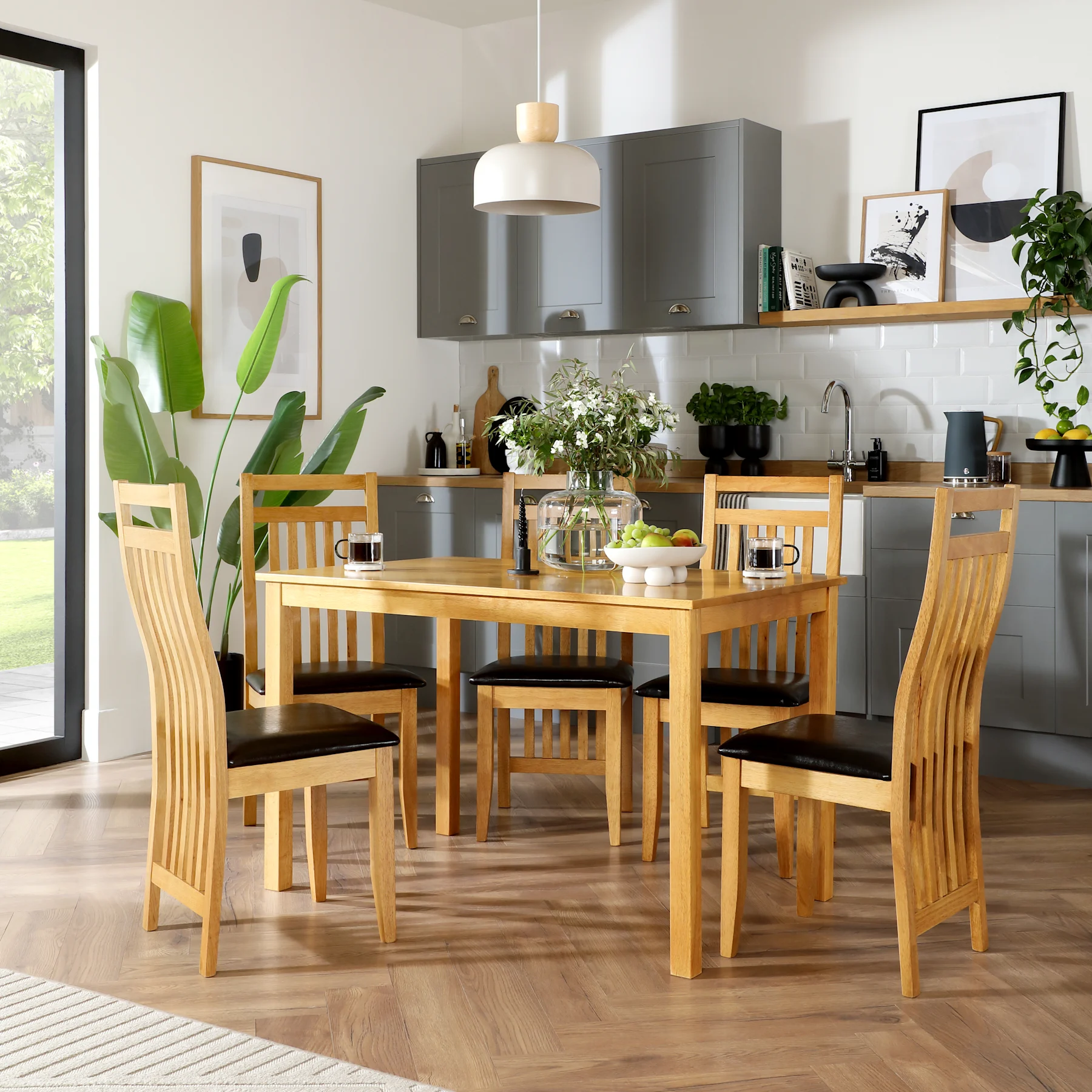 Milton Dining Table & 4 Bali Chairs, Natural Oak Finished Solid Hardwood, Brown Classic Faux Leather, 120cm