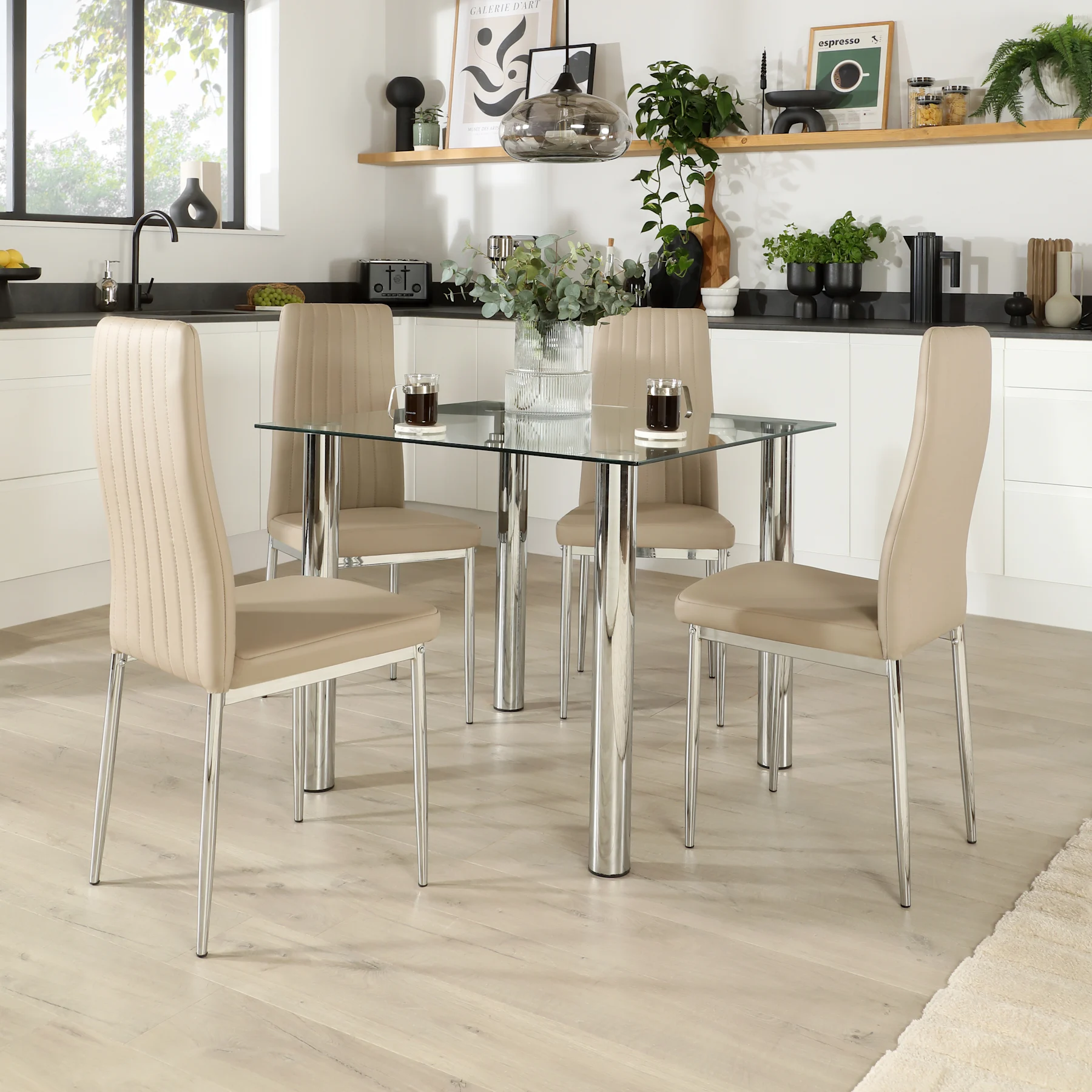 Nova Square Dining Table & 4 Leon Chairs, Glass & Chrome, Stone Grey Premium Faux Leather, 90cm