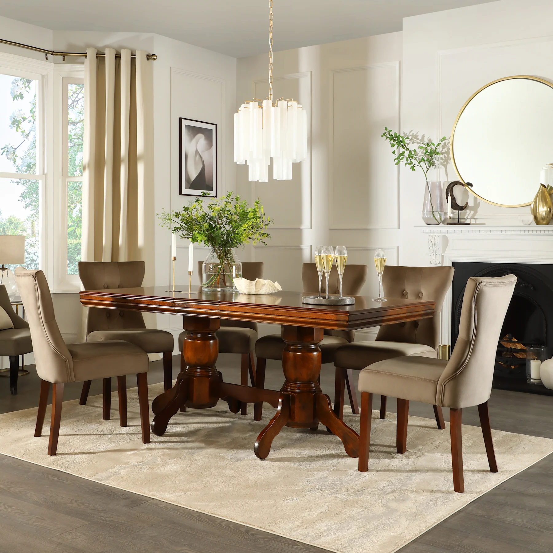Chatsworth Extending Dining Table & 8 Bewley Chairs, Dark Solid Hardwood, Beige Classic Velvet, 150-180cm
