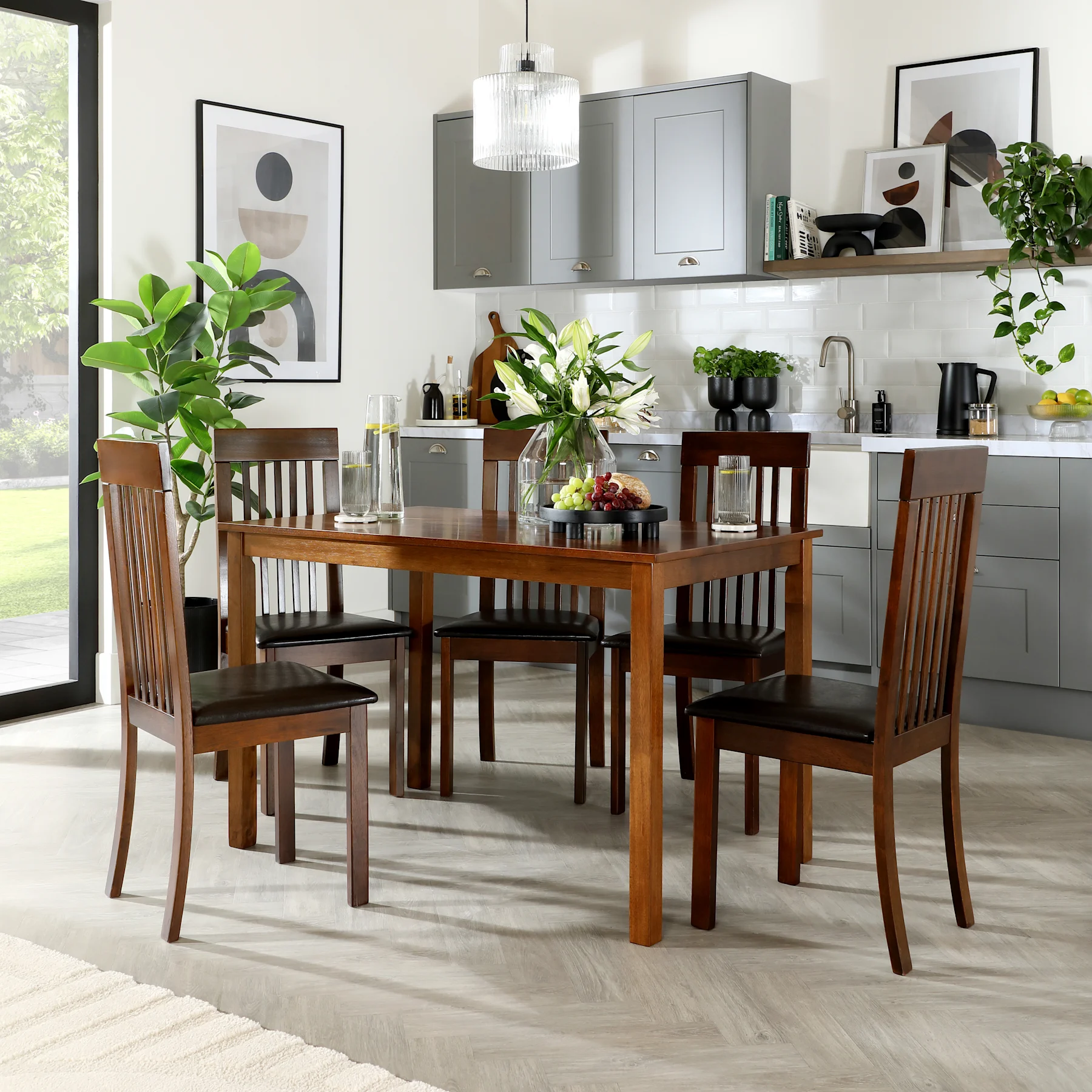 Milton Dining Table & 4 Oxford Chairs, Dark Solid Hardwood, Brown Classic Faux Leather, 120cm