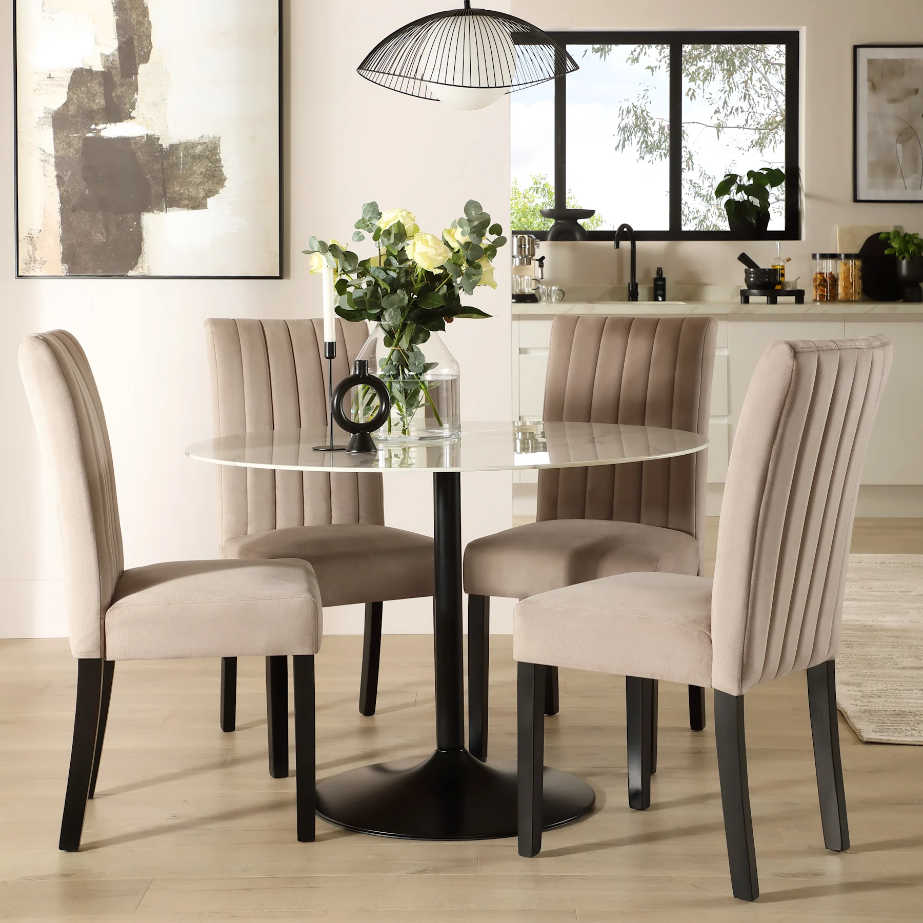 Orbit Round Dining Table & 2 Salisbury Dining Chairs, White Marble Effect & Black Steel, Beige Classic Plush Fabric & Black Solid Hardwood, 110cm