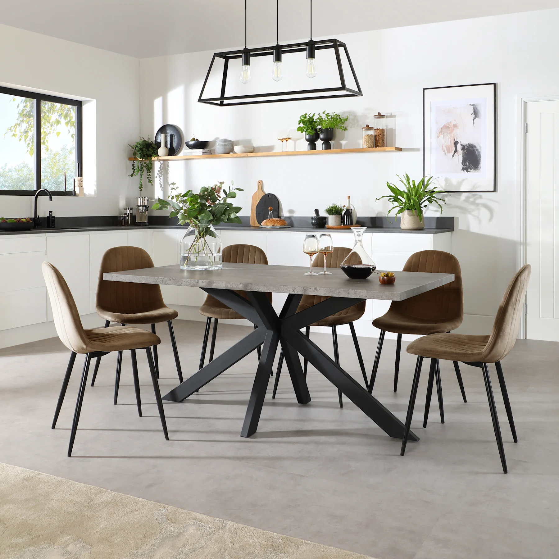 Madison Industrial Dining Table & 4 Brooklyn Chairs, Grey Concrete Effect & Black Steel, Beige Classic Velvet, 160cm