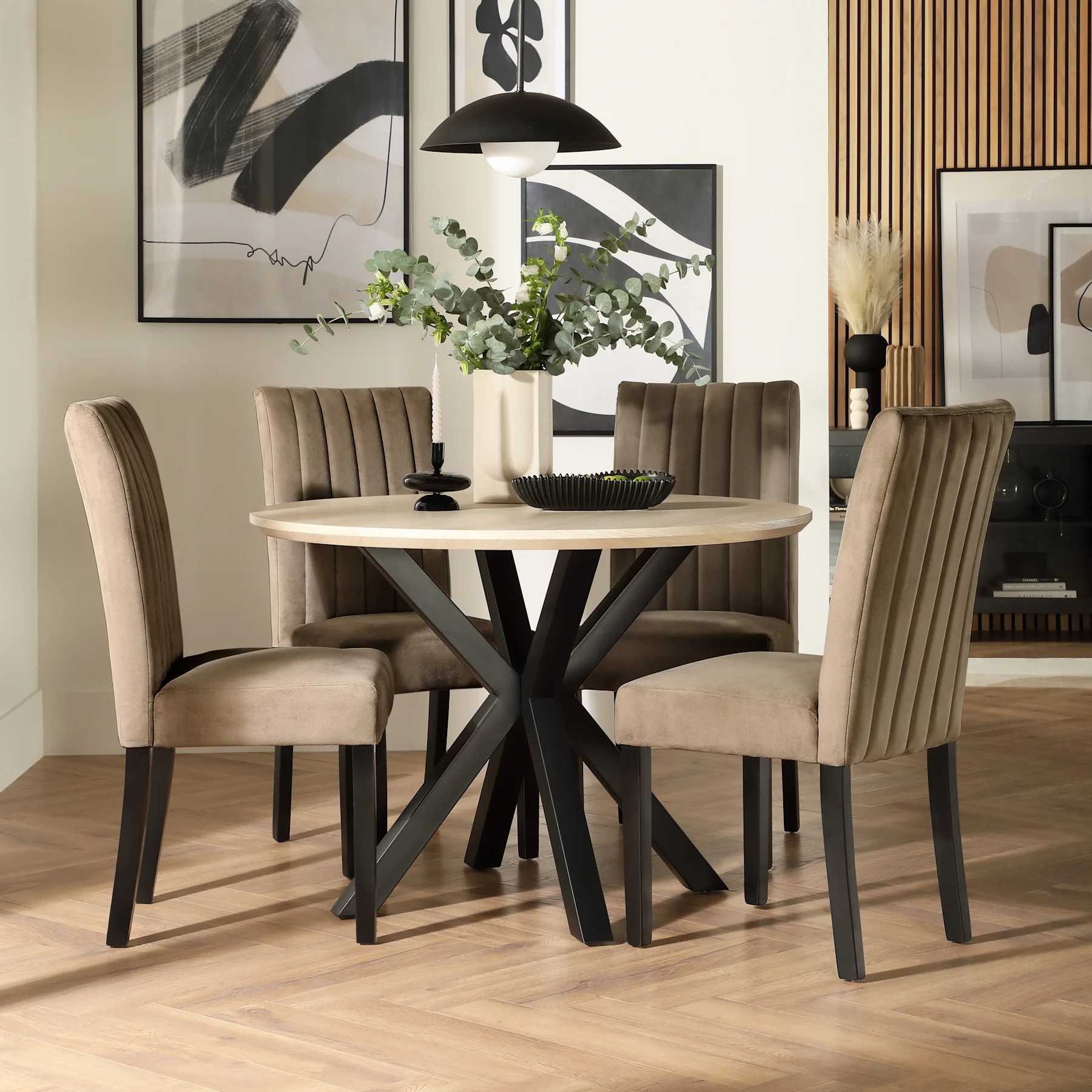 Newark Round Dining Table & 4 Salisbury Chairs, Light Oak Effect & Black Steel, Beige Classic Velvet & Black Solid Hardwood, 110cm