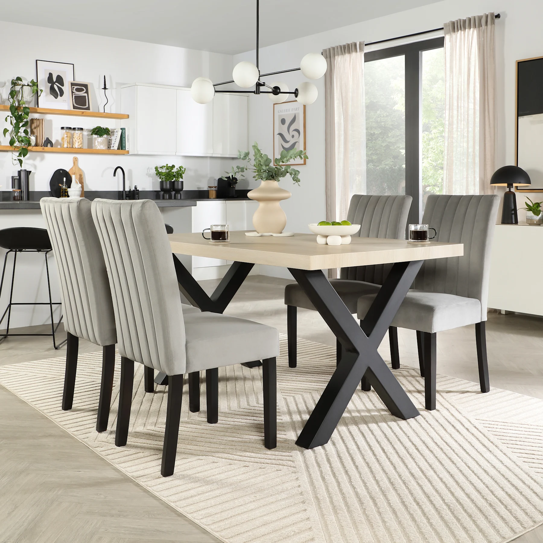 Franklin Dining Table & 4 Salisbury Chairs, Light Oak Effect & Black Steel, Grey Classic Velvet & Black Solid Hardwood, 150cm