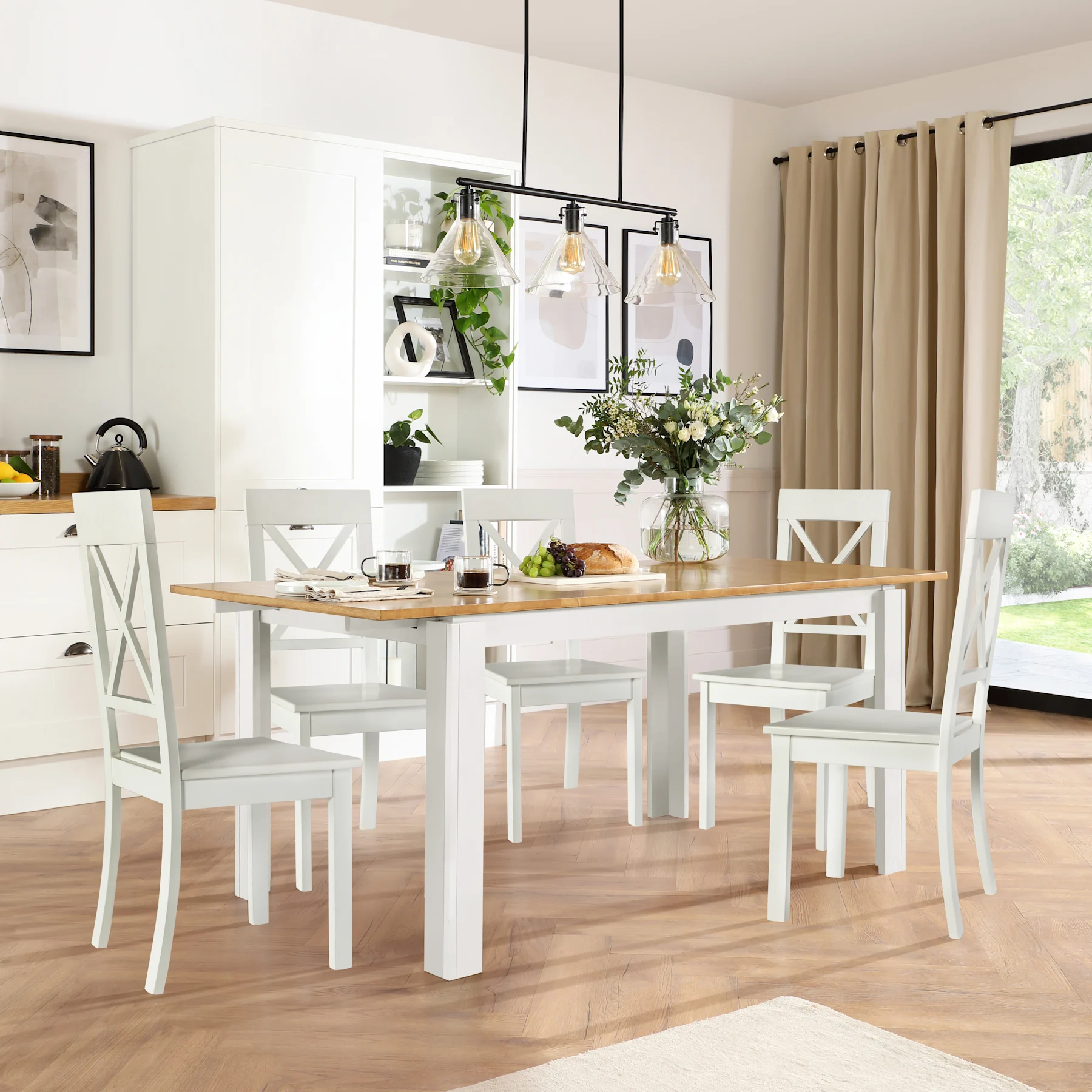 Bali Extending Dining Table & 6 Kendal Chairs, Natural Oak Finish & White Solid Hardwood, 150-180cm