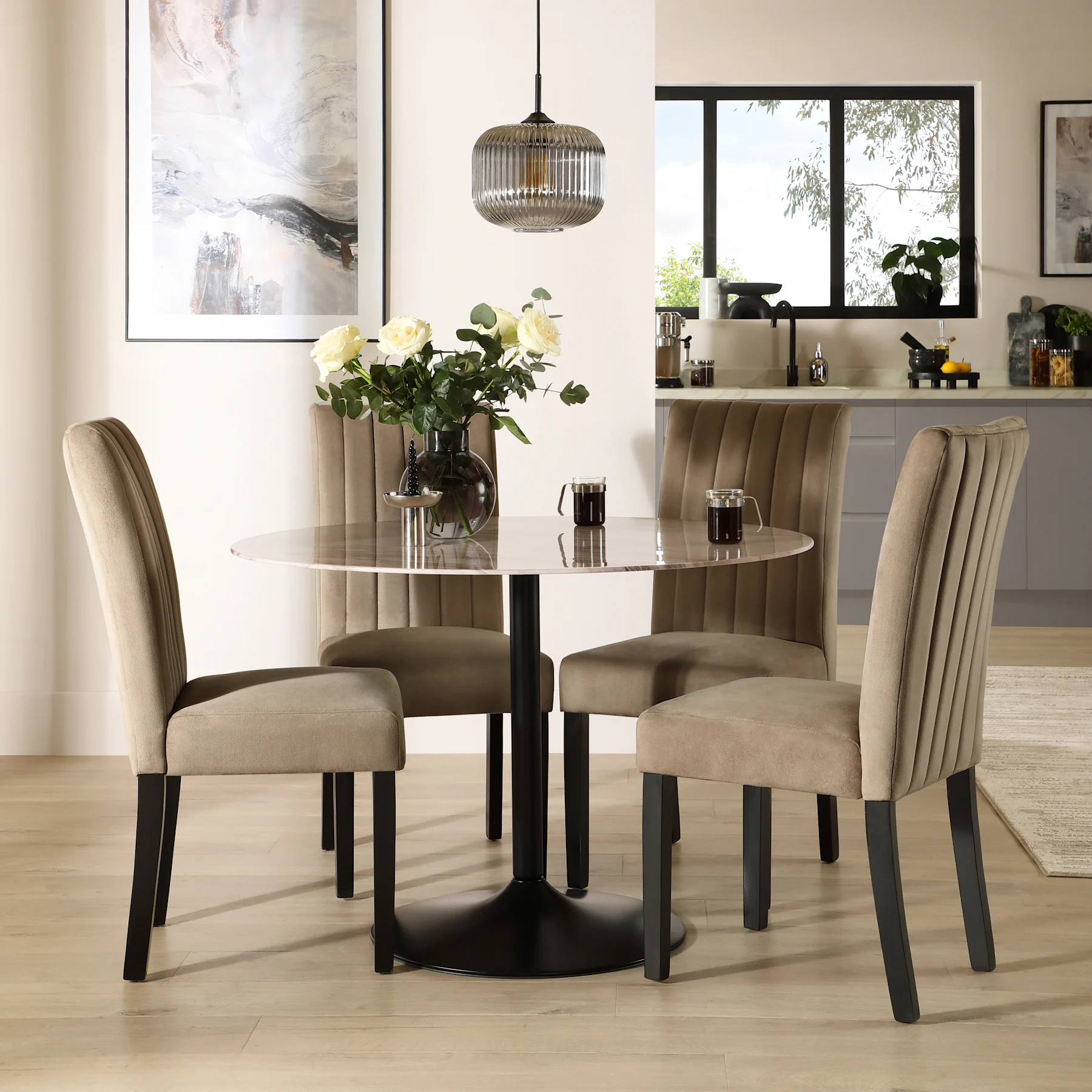 Orbit Round Dining Table & 2 Salisbury Dining Chairs, Grey Marble Effect & Black Steel, Beige Classic Velvet & Black Solid Hardwood, 110cm