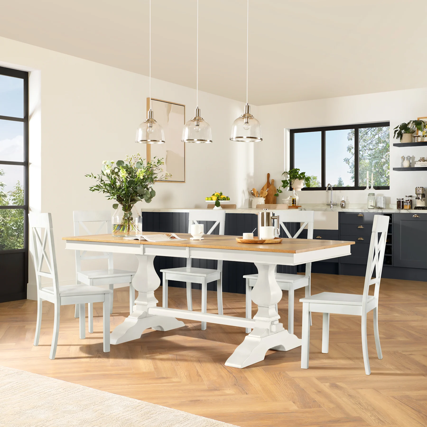 Cavendish Extending Dining Table & 6 Kendal Chairs, Natural Oak Veneer & White Solid Hardwood, 150-200cm