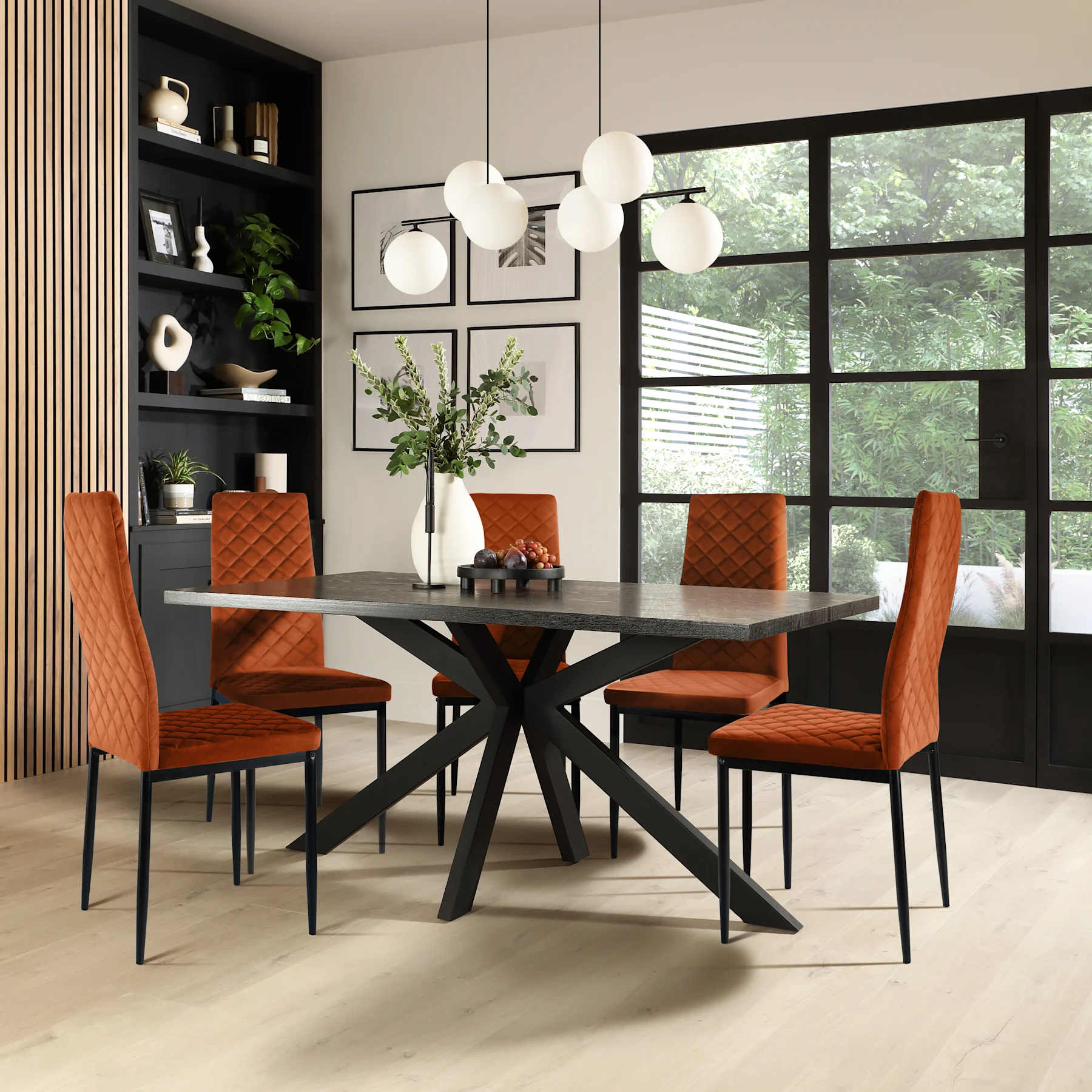 Madison Dining Table & 6 Renzo  Chairs, Black Oak Effect & Black Steel, Burnt Orange Classic Velvet, 150cm