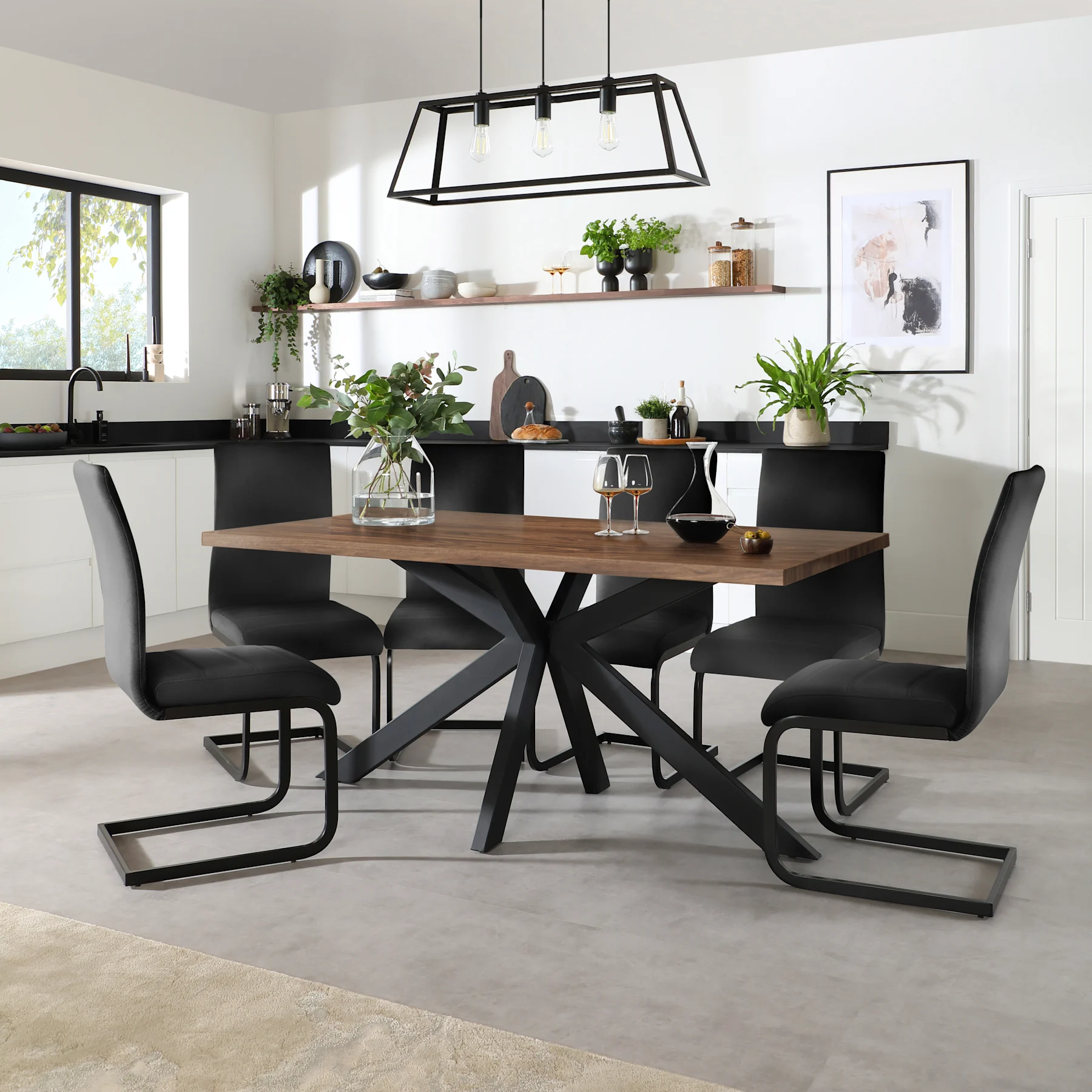 Madison Industrial Dining Table & 6 Perth Chairs, Walnut Effect & Black Steel, Black Classic Velvet, 160cm
